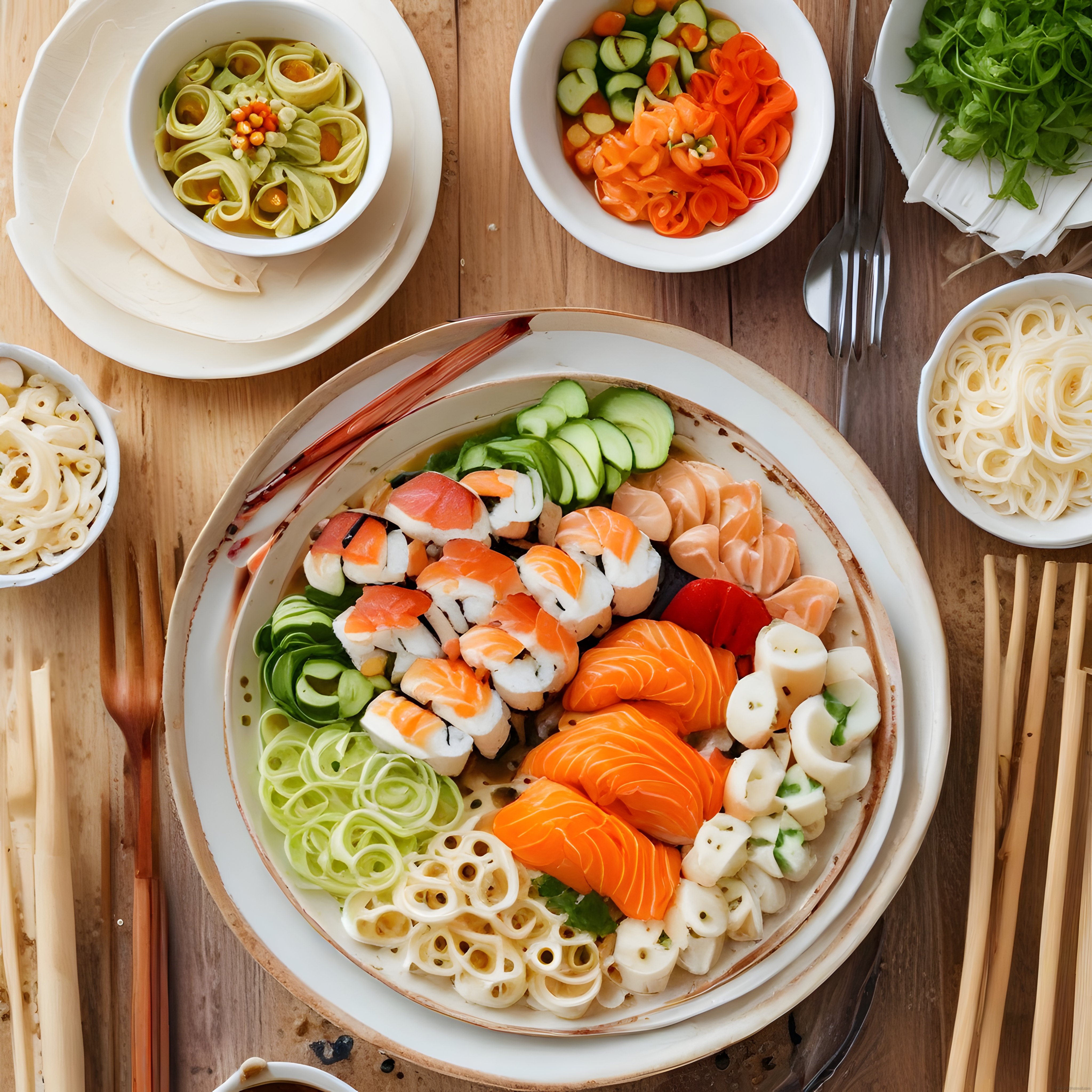 Ahşap Masa Üzerinde Sushi ve Sashimi Çeşitleriyle Japonya Lezzetleri