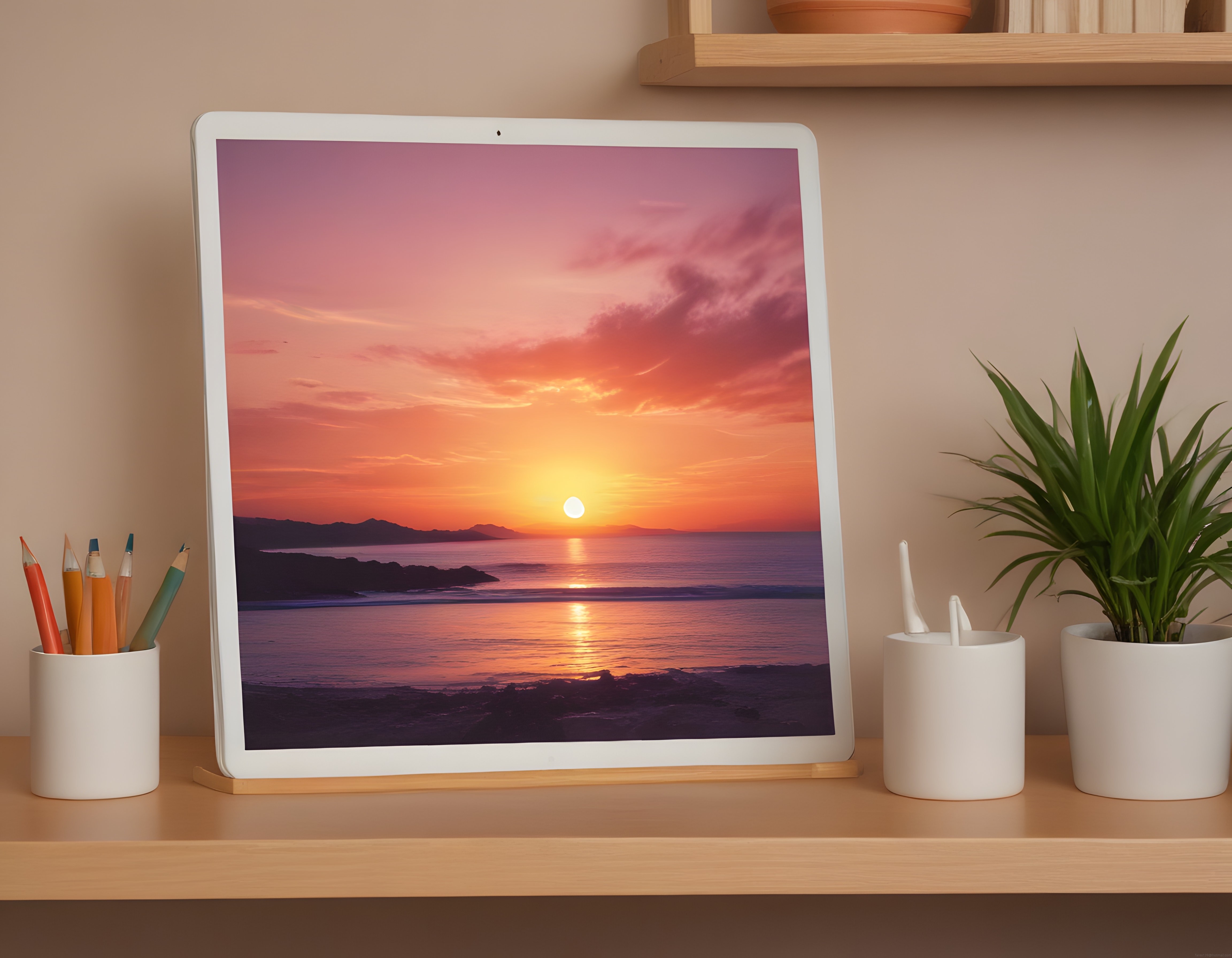 Ahşap Masa Üzerinde Tablet Ekranında Büyüleyici Deniz Günbatımı Manzarası