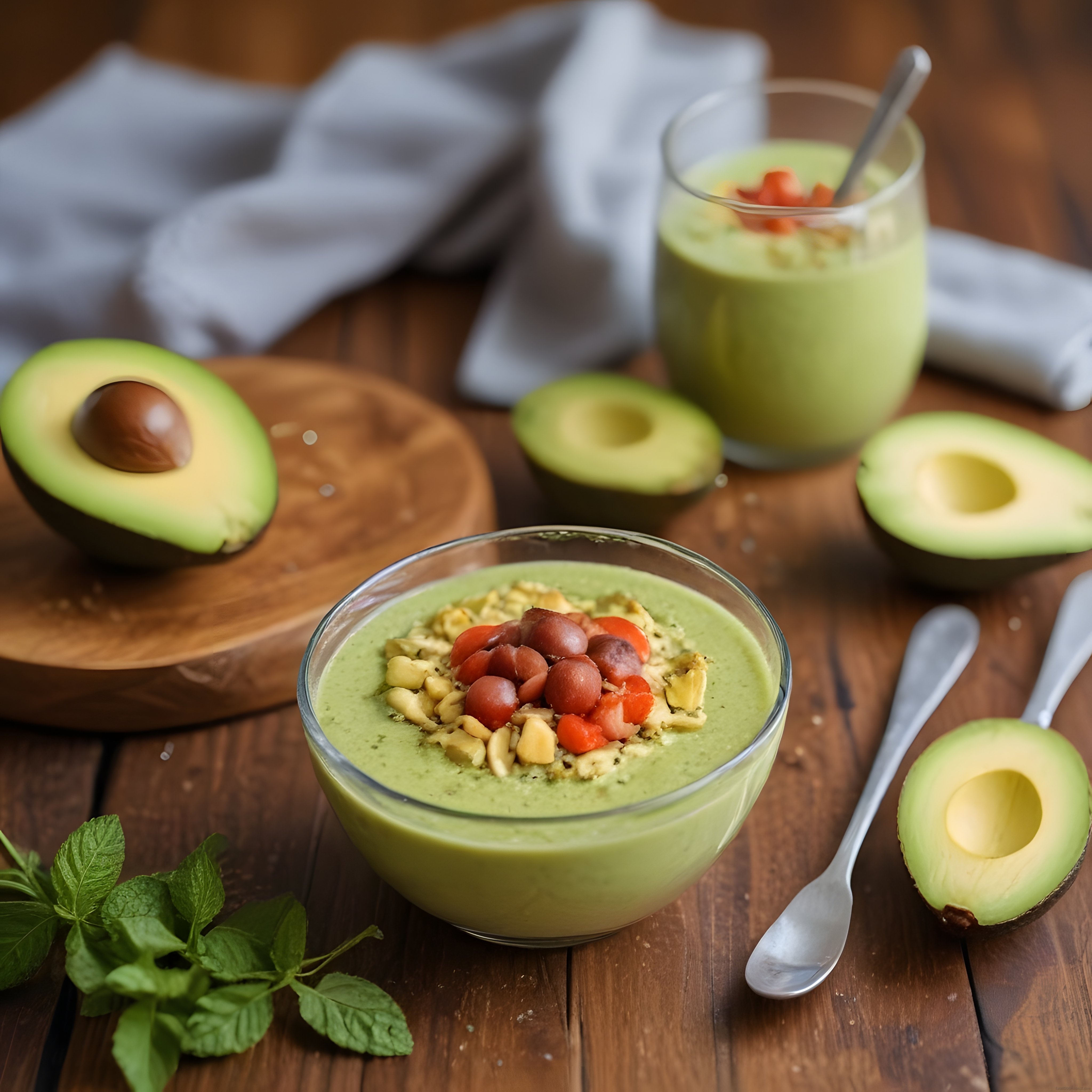 Ahşap Masa Üzerinde Taze Avokadolu Kremalı Çorba ve Smoothie Sunumu