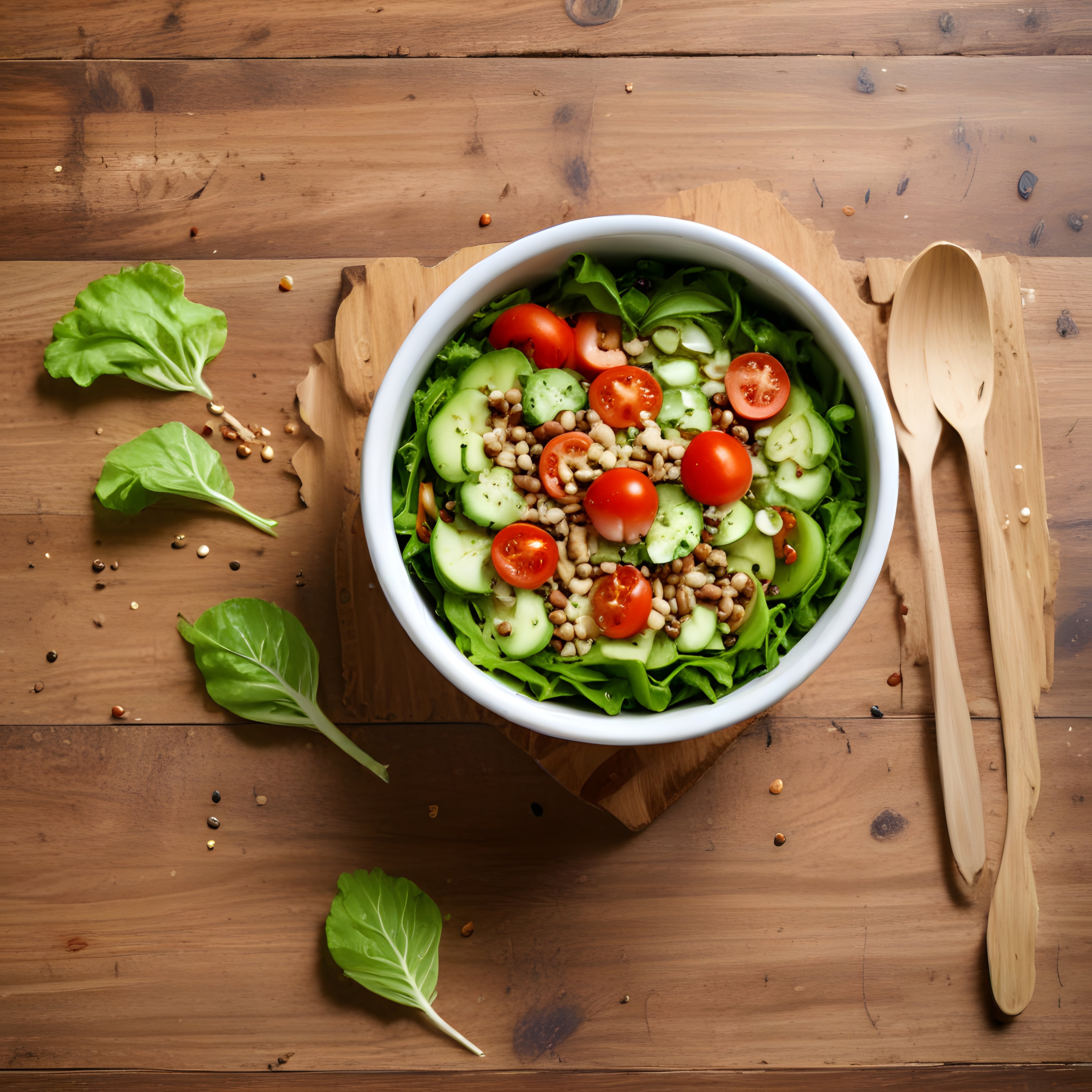 Ahşap Masa Üzerinde Taze Bahçe Salatası: Sağlıklı ve Renkli Bir Öğün