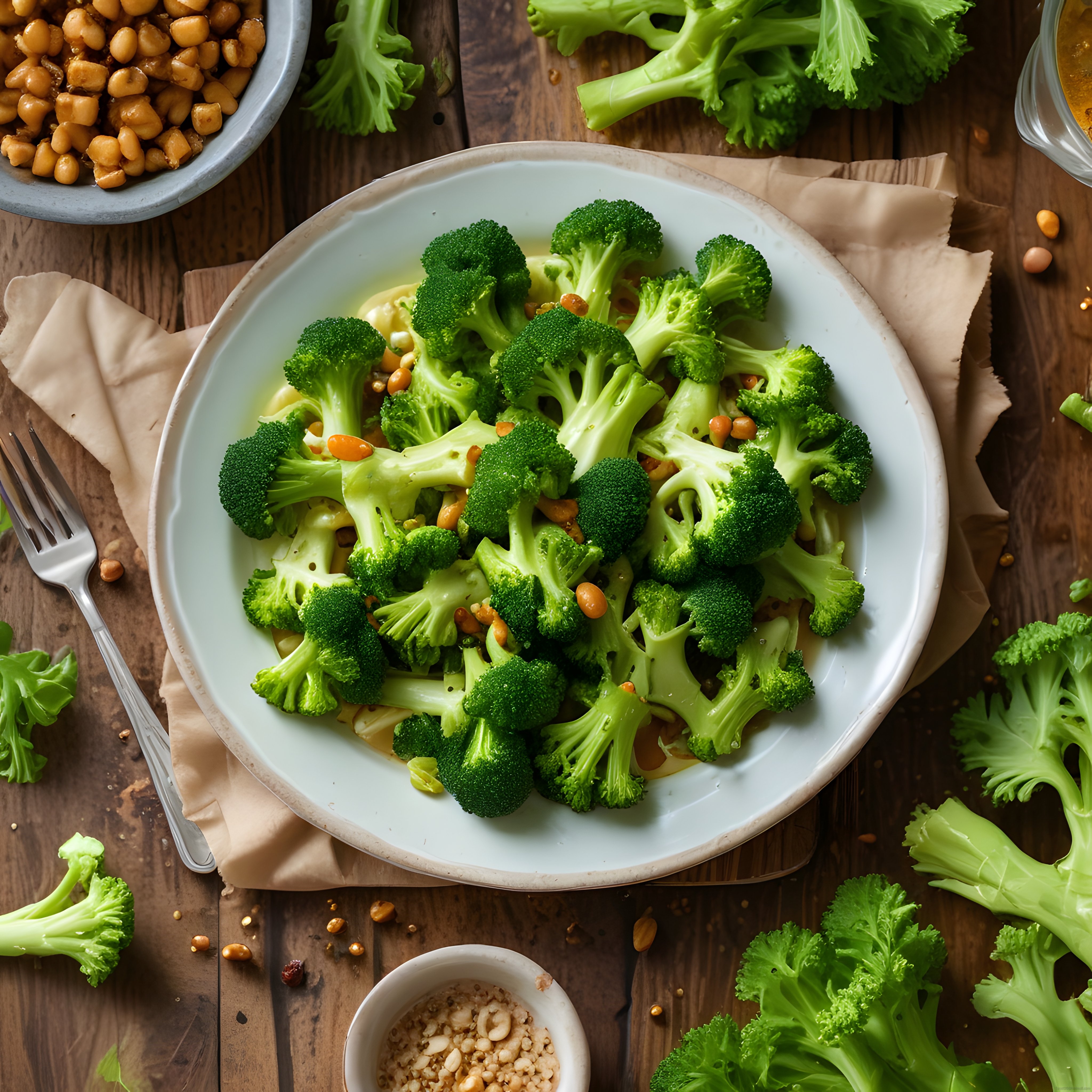 Ahşap Masa Üzerinde Taze Brokoli Salatası ve Nohutlu Vegan Yemek Sunumu