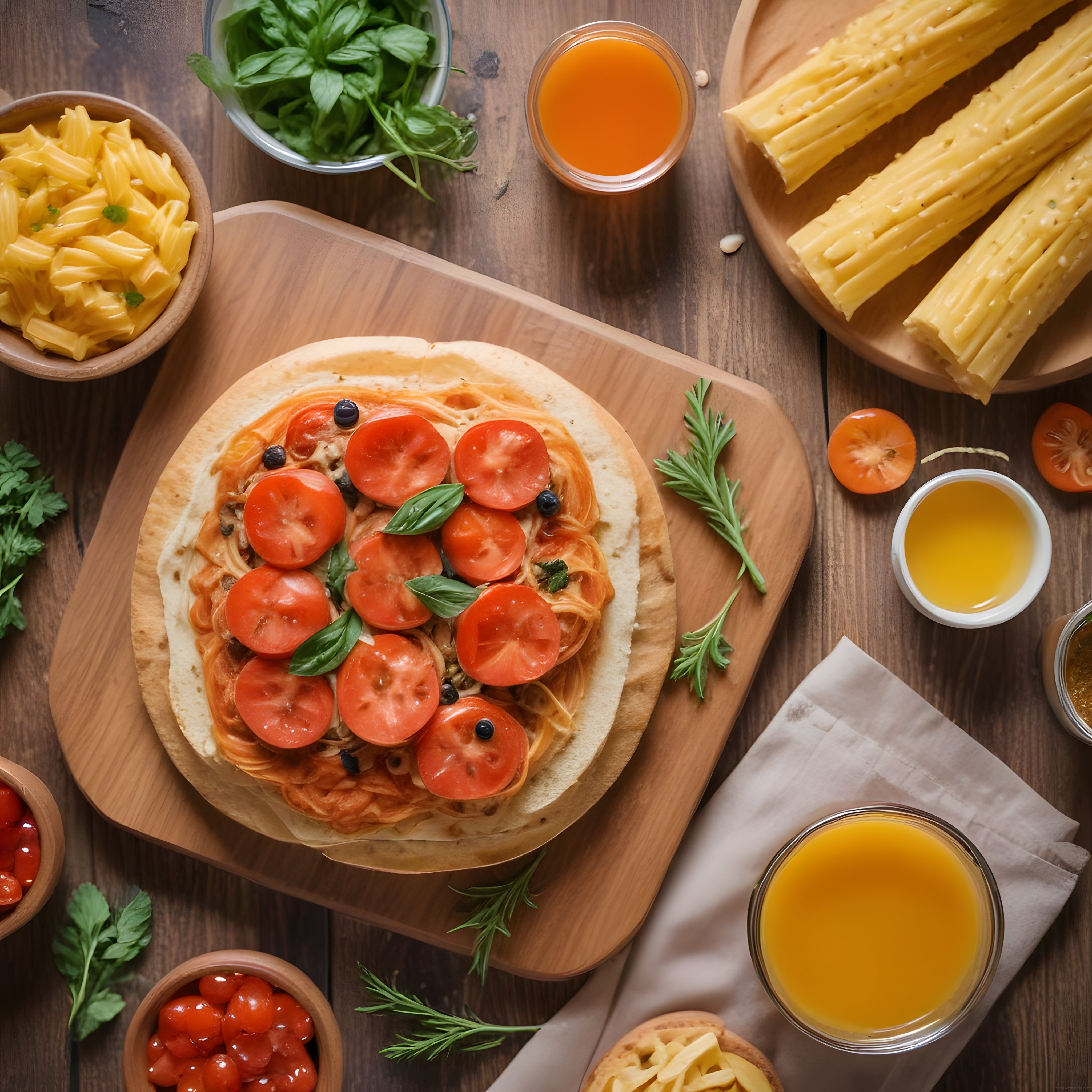 Ahşap masa üzerinde taze domates ve fesleğenle süslenmiş ev yapımı pizza sunumu
