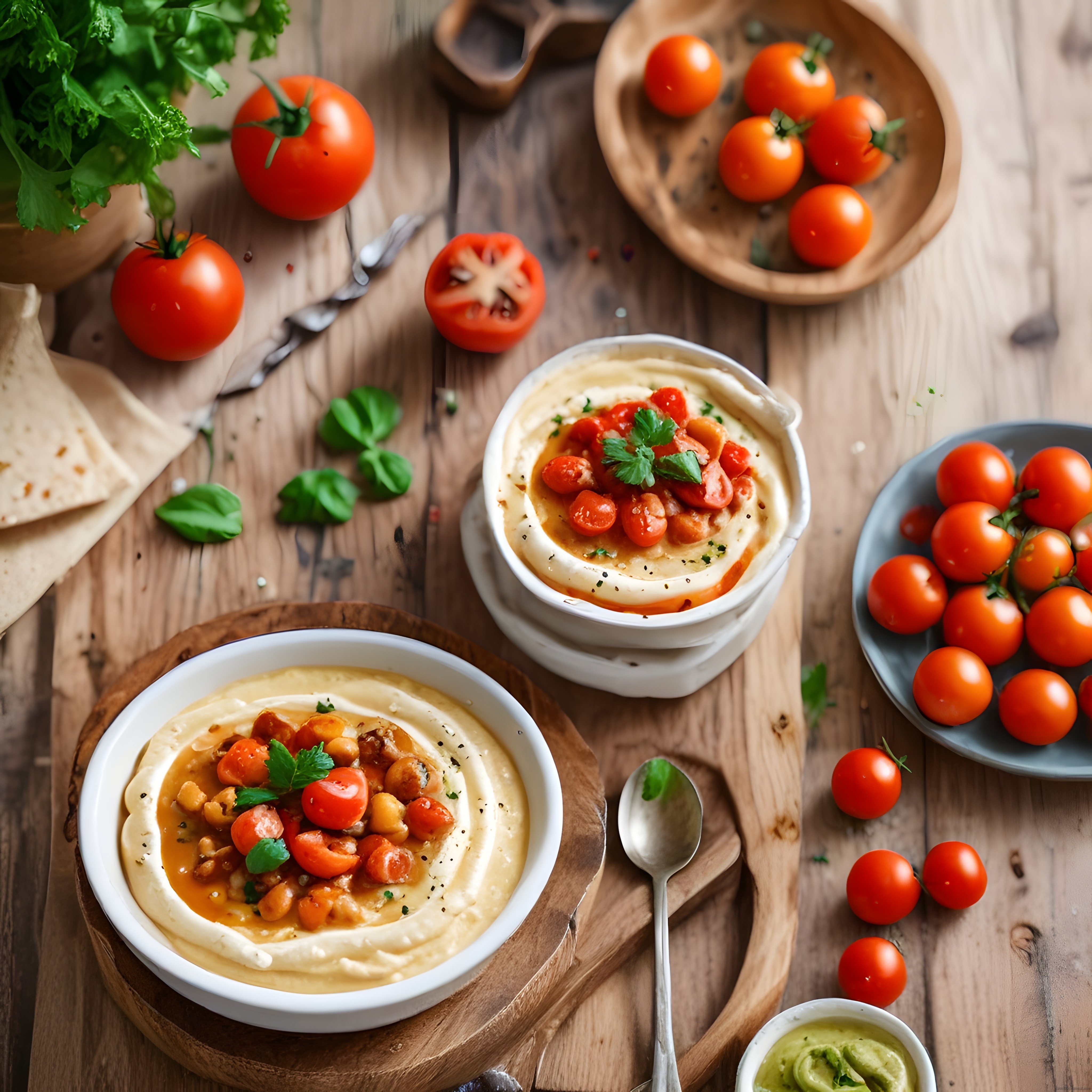 Ahşap Masa Üzerinde Taze Domates ve Nohutla Servis Edilen Ev Yapımı Humus Sunumu