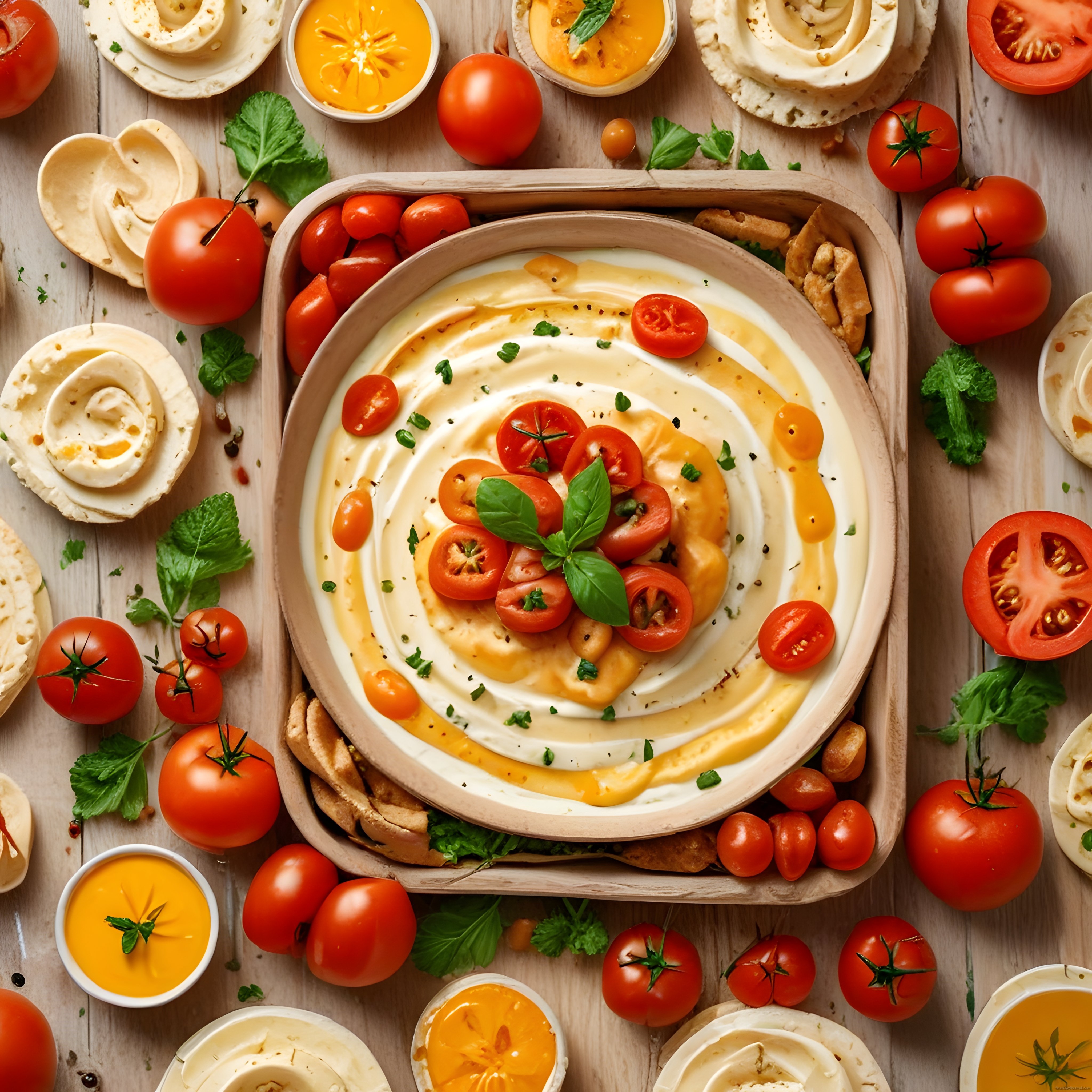 Ahşap Masa Üzerinde Taze Domates ve Otlarla Süslenmiş Humus Meze Sunumu