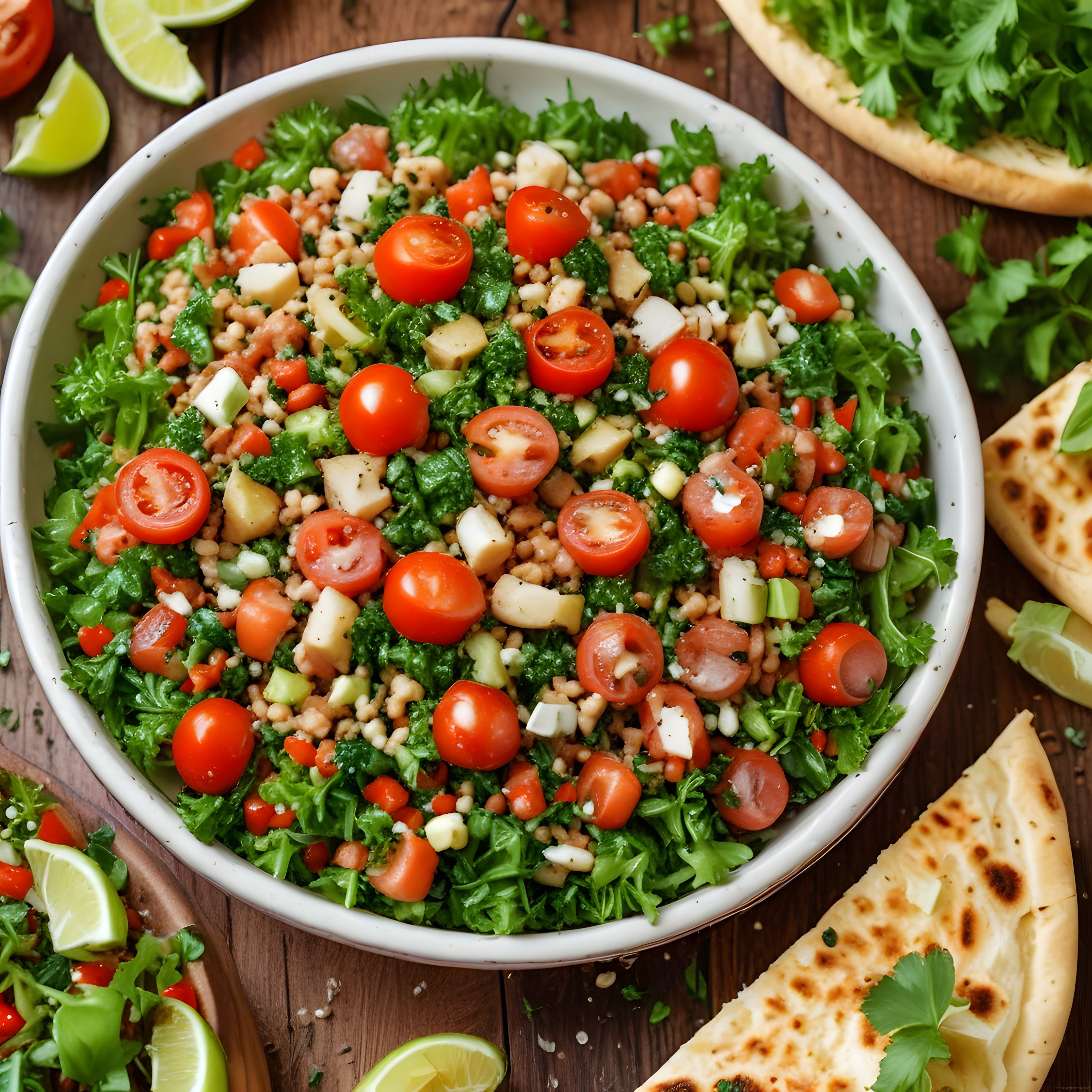 Ahşap masa üzerinde taze domatesli bulgurlu Akdeniz salatası ve lavaş ekmek