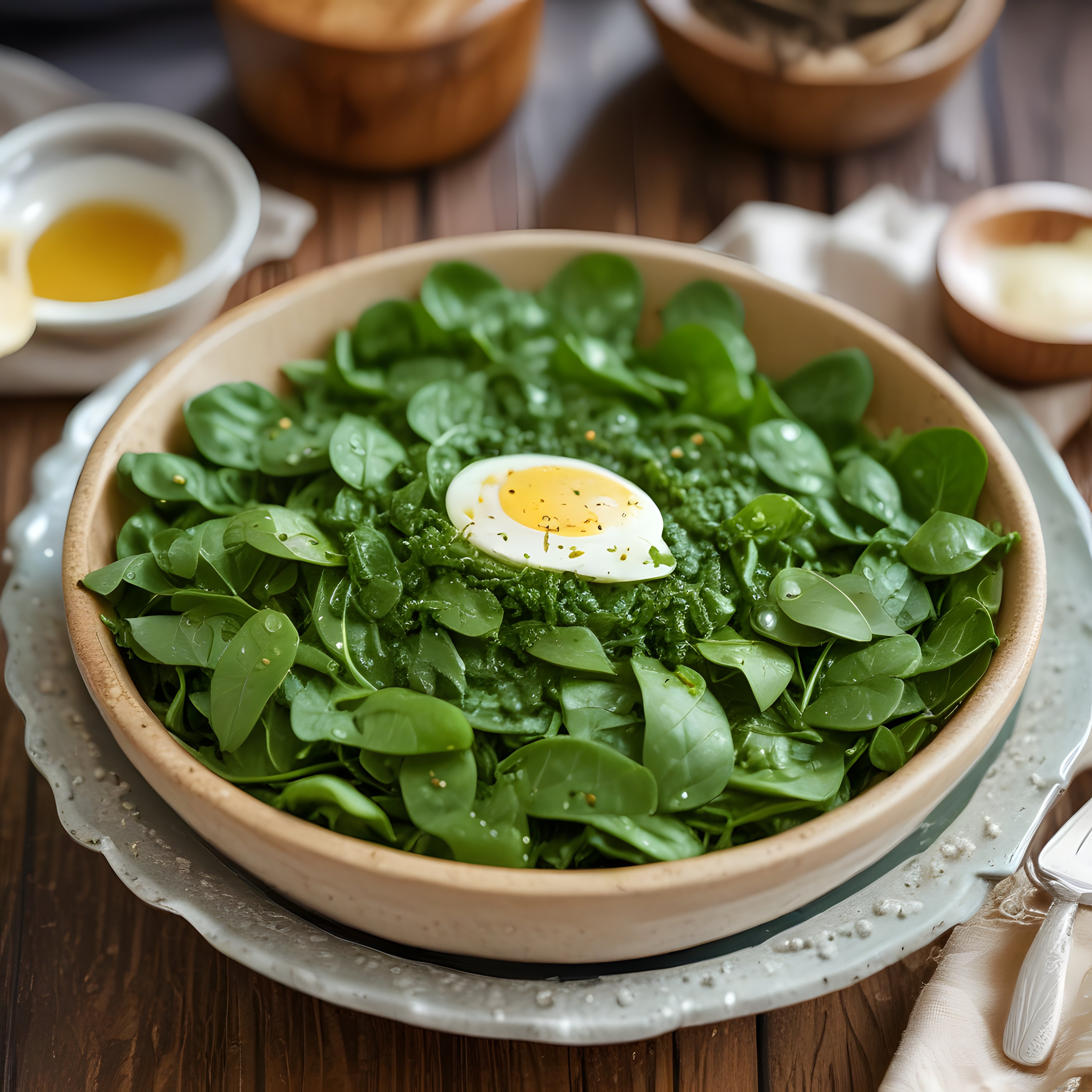 Ahşap Masa Üzerinde Taze Ispanaklı Pesto Soslu Yumurtalı Salata Sunumu