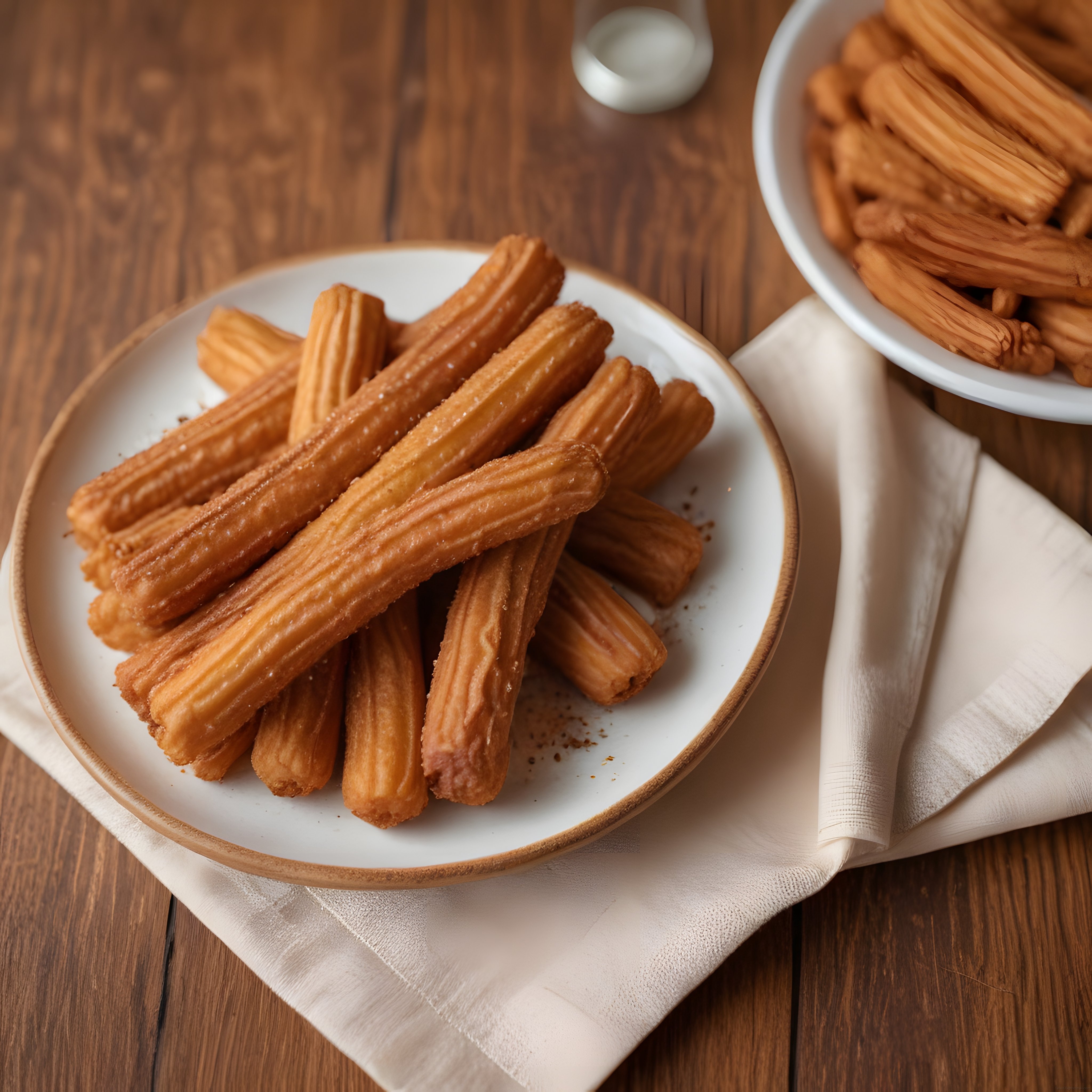 Ahşap Masa Üzerinde Taze Kızarmış Churros ve Çikolata Sosu Sunumu