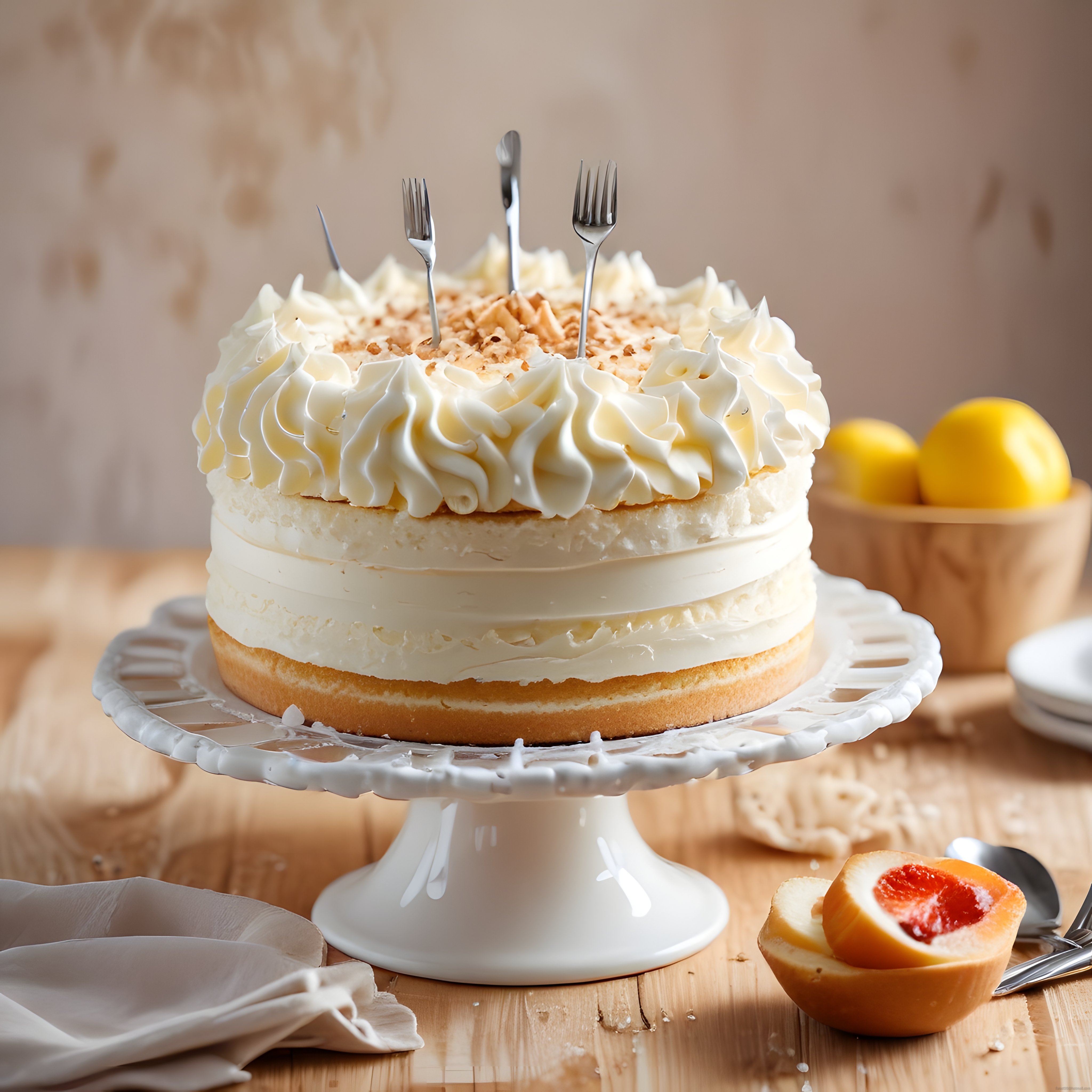 Ahşap Masa Üzerinde Taze Limonlu Kremalı Pasta ve Greyfurt Detayı Sunumu