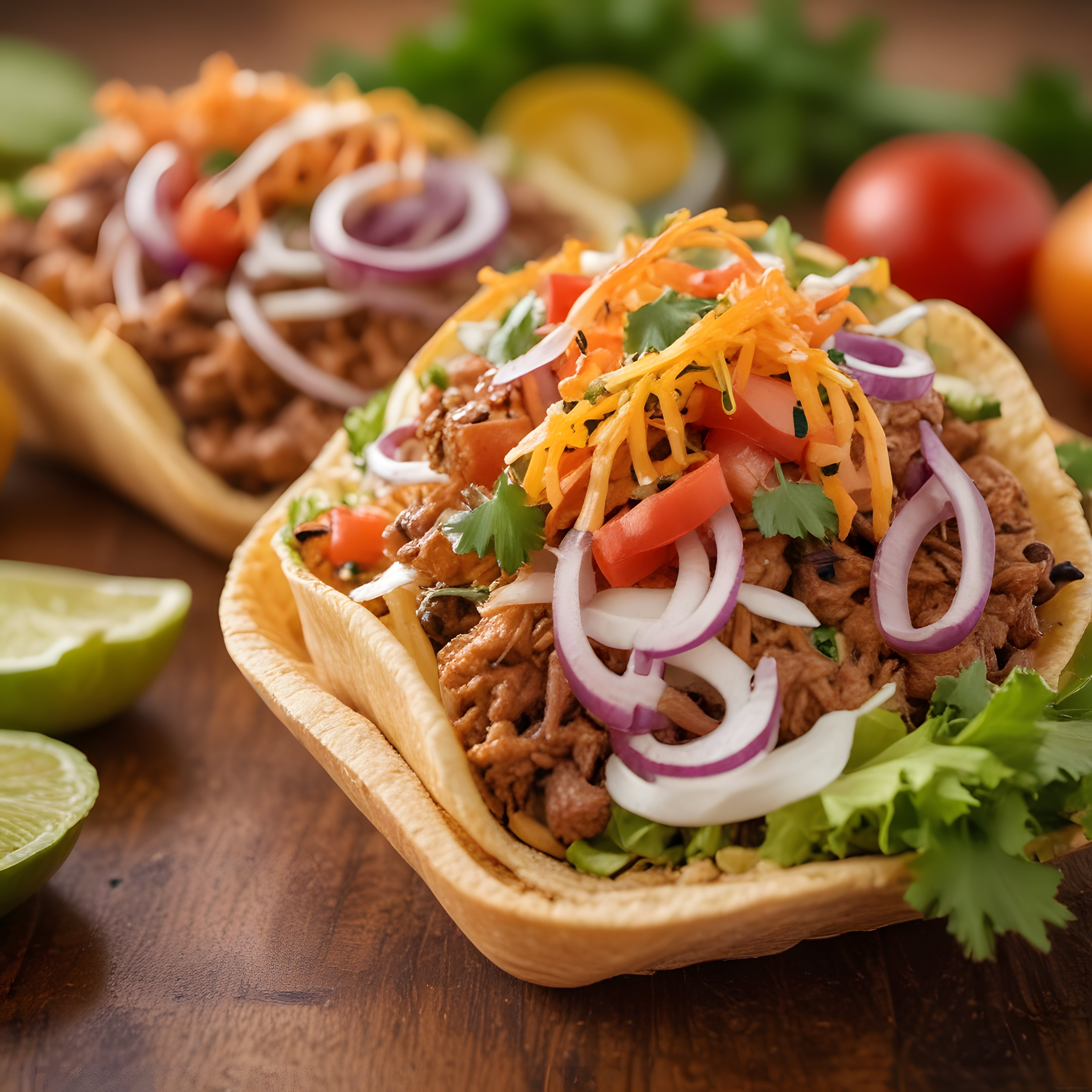 Ahşap Masa Üzerinde Taze Malzemelerle Hazırlanmış Lezzetli Taco Görseli