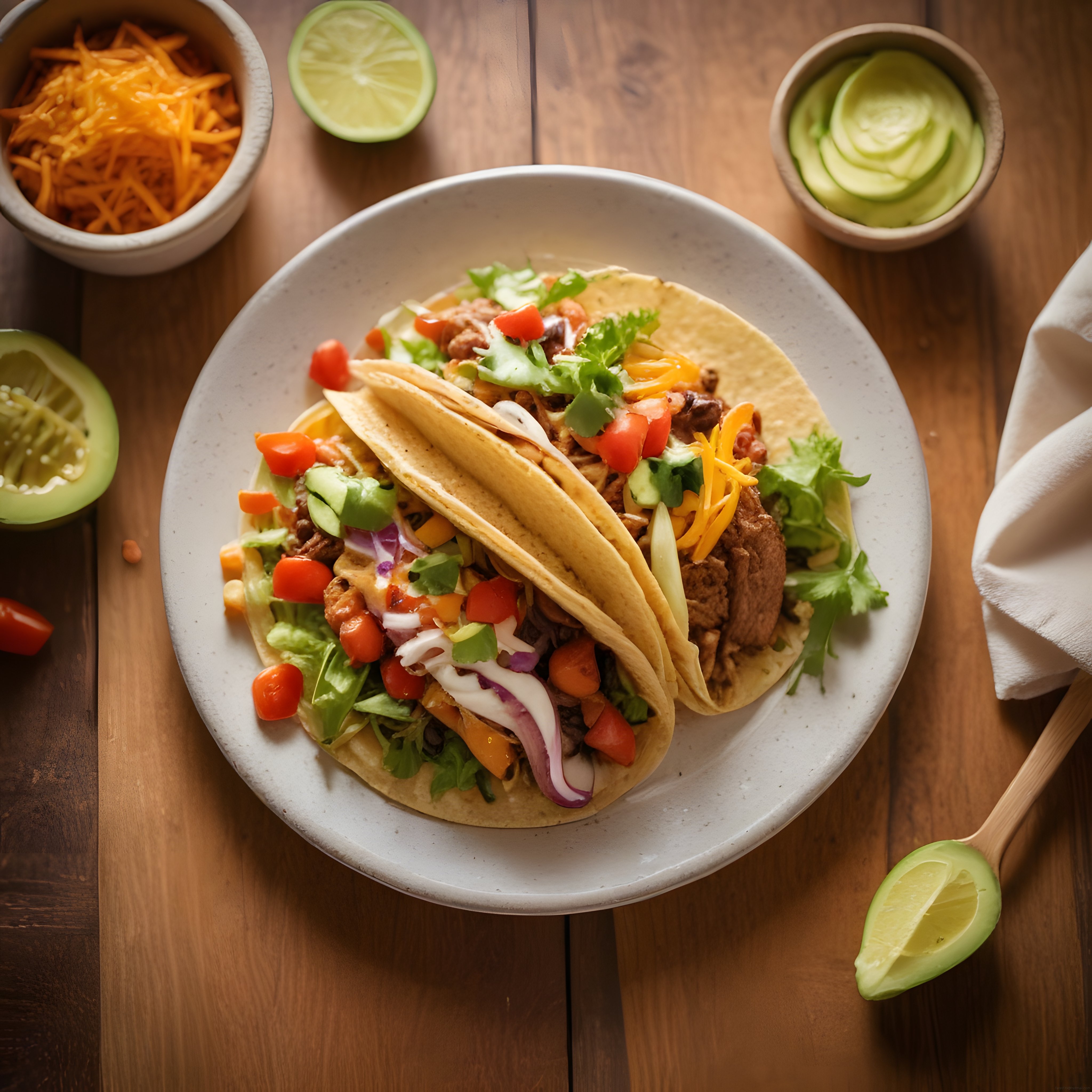 Ahşap Masa Üzerinde Taze Malzemelerle Hazırlanmış Meksika Usulü Tacos
