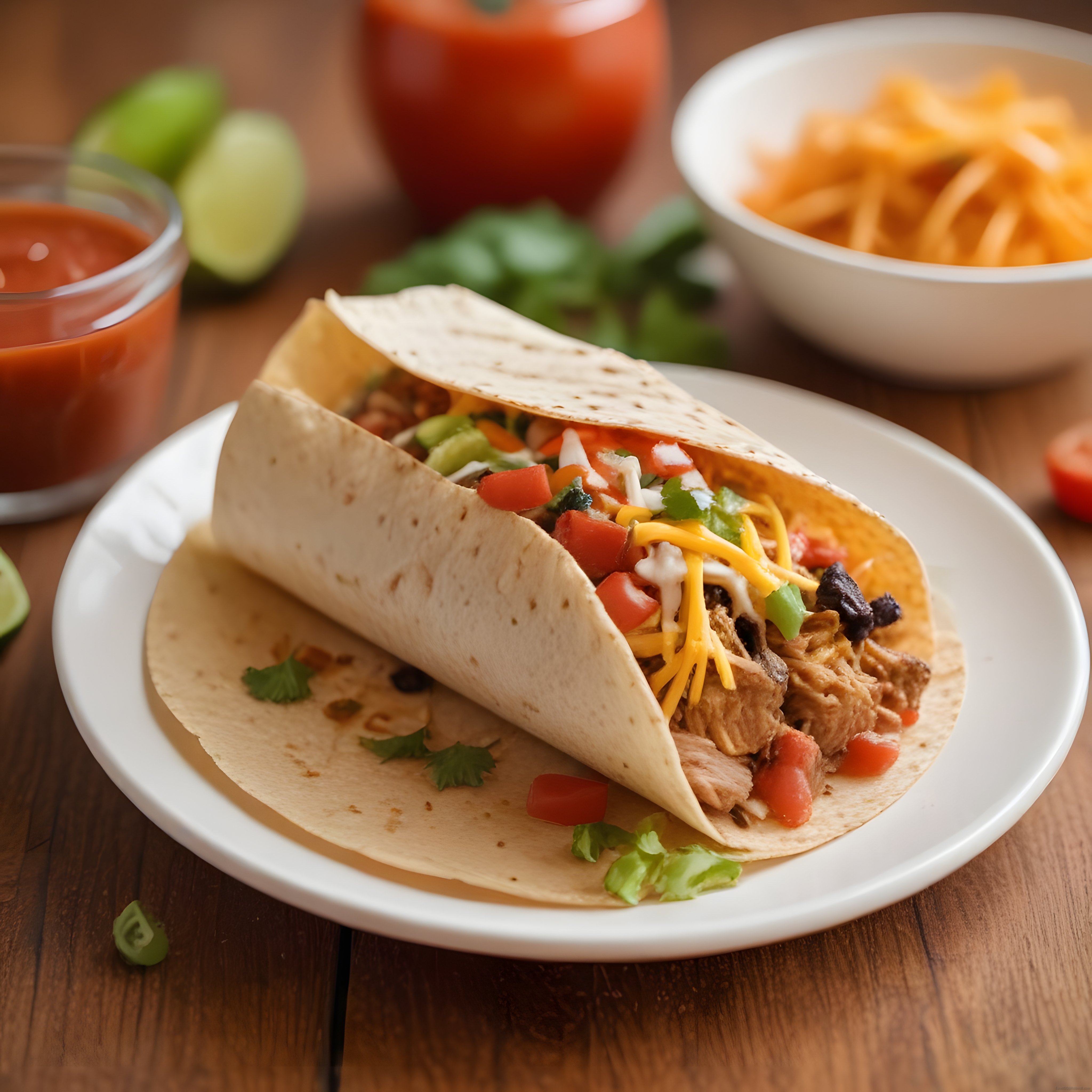 Ahşap Masa Üzerinde Taze Malzemeli Tavuklu Taco ve Sos Eşliğinde Nachos