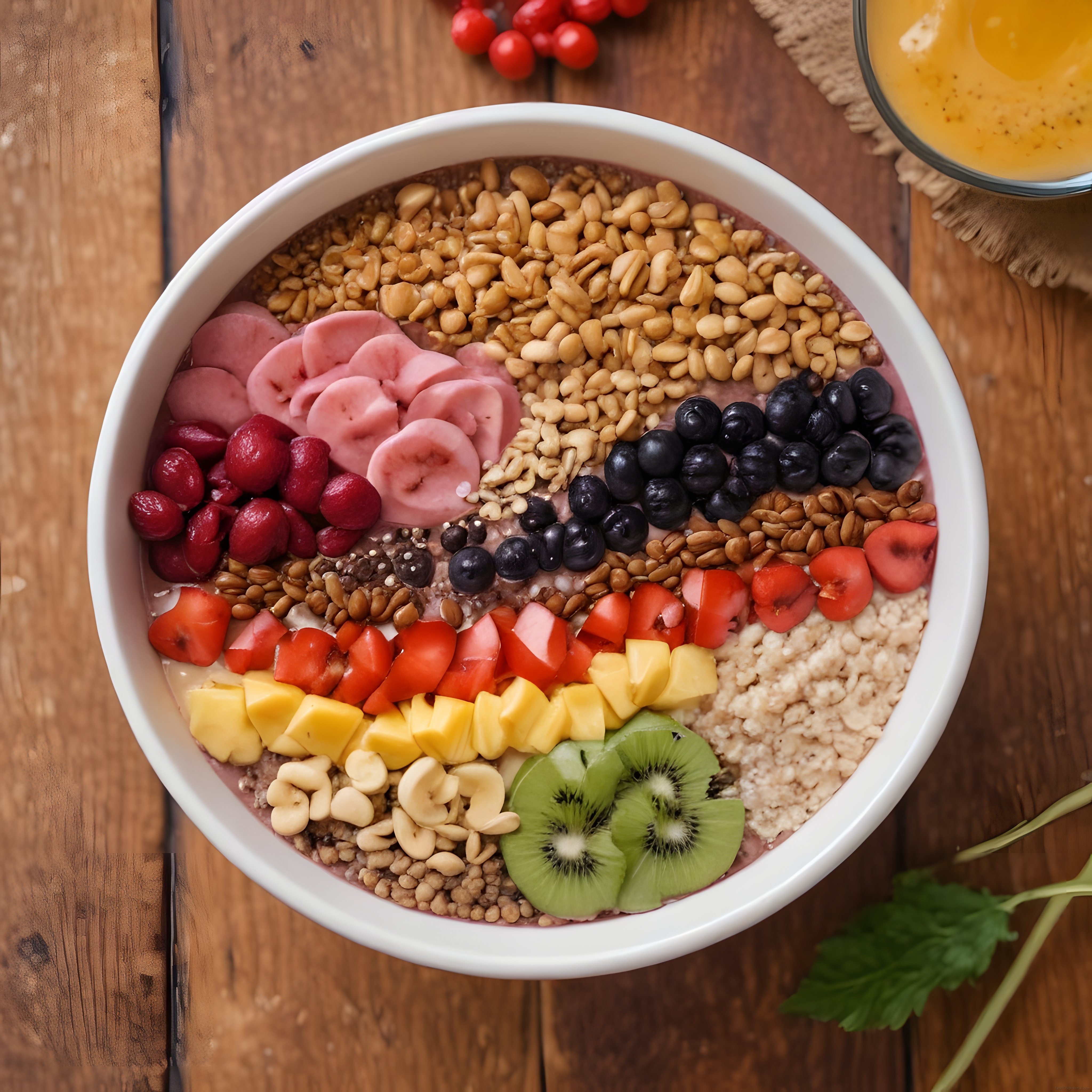 Ahşap masa üzerinde taze meyvelerle süslenmiş vitamin deposu smoothie bowl sunumu