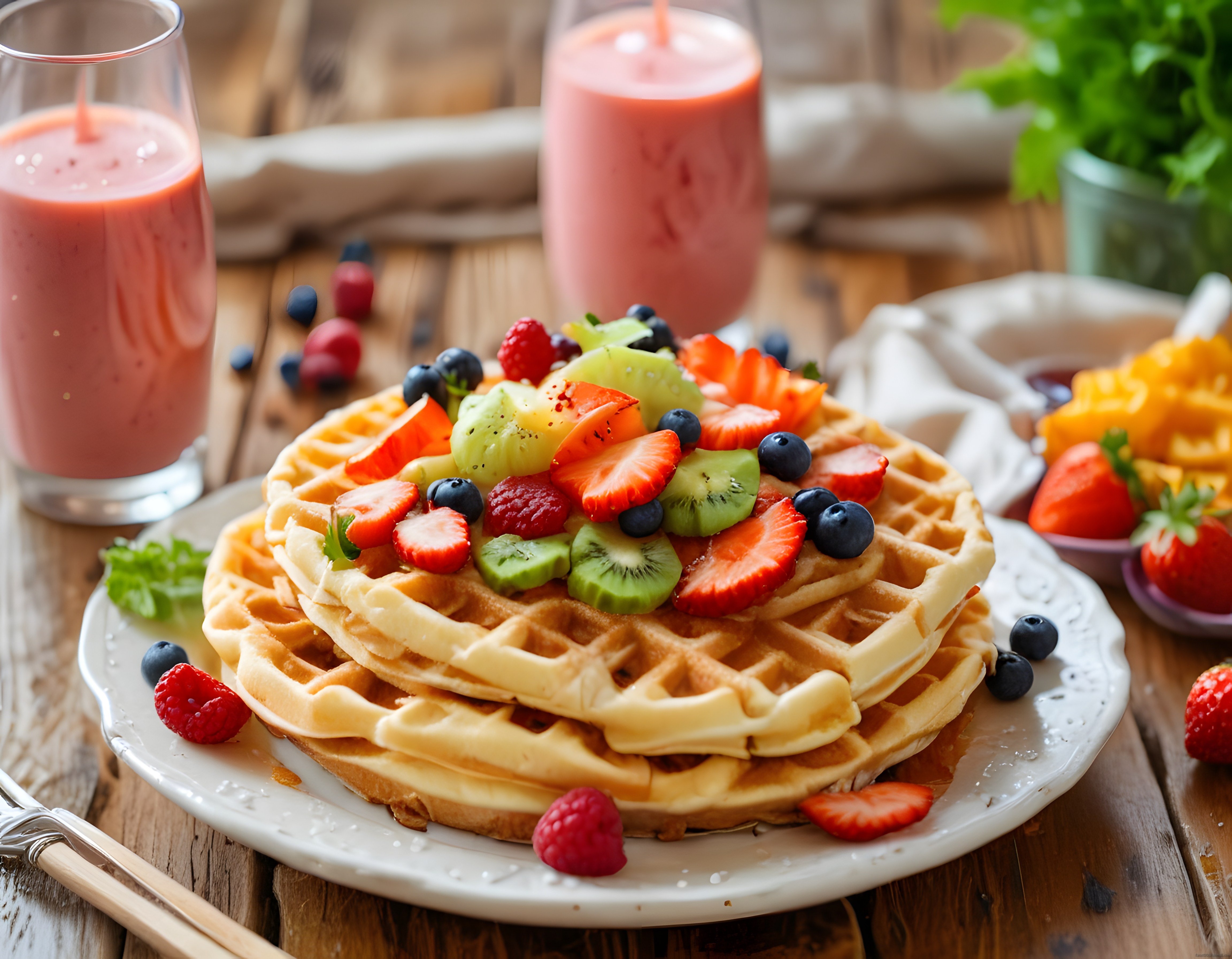 Ahşap Masa Üzerinde Taze Meyveli Waffle ve Serinletici Smoothie Sunumu