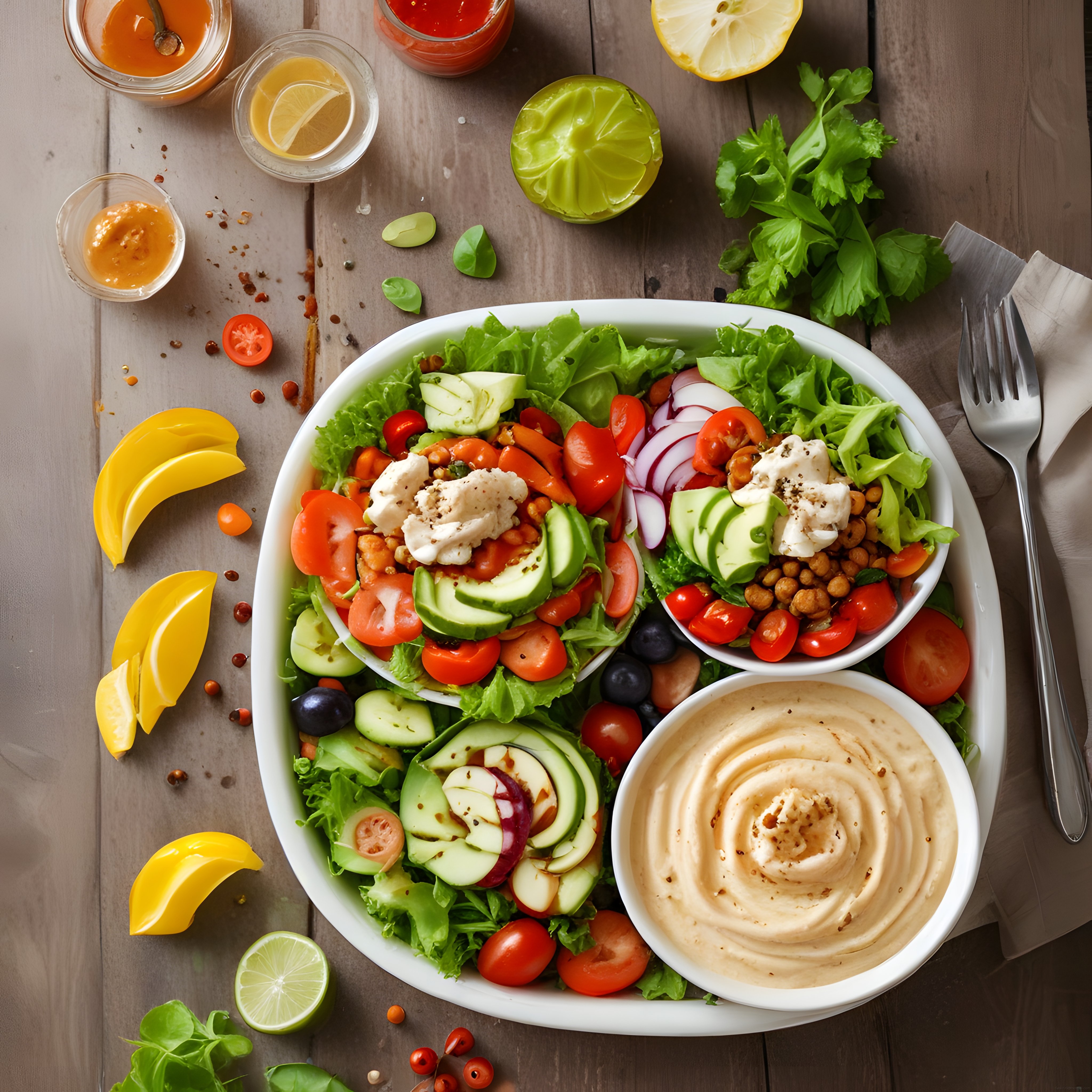 Ahşap Masa Üzerinde Taze Sebzeler, Humus ve Nohut ile Besleyici Vegan Kase