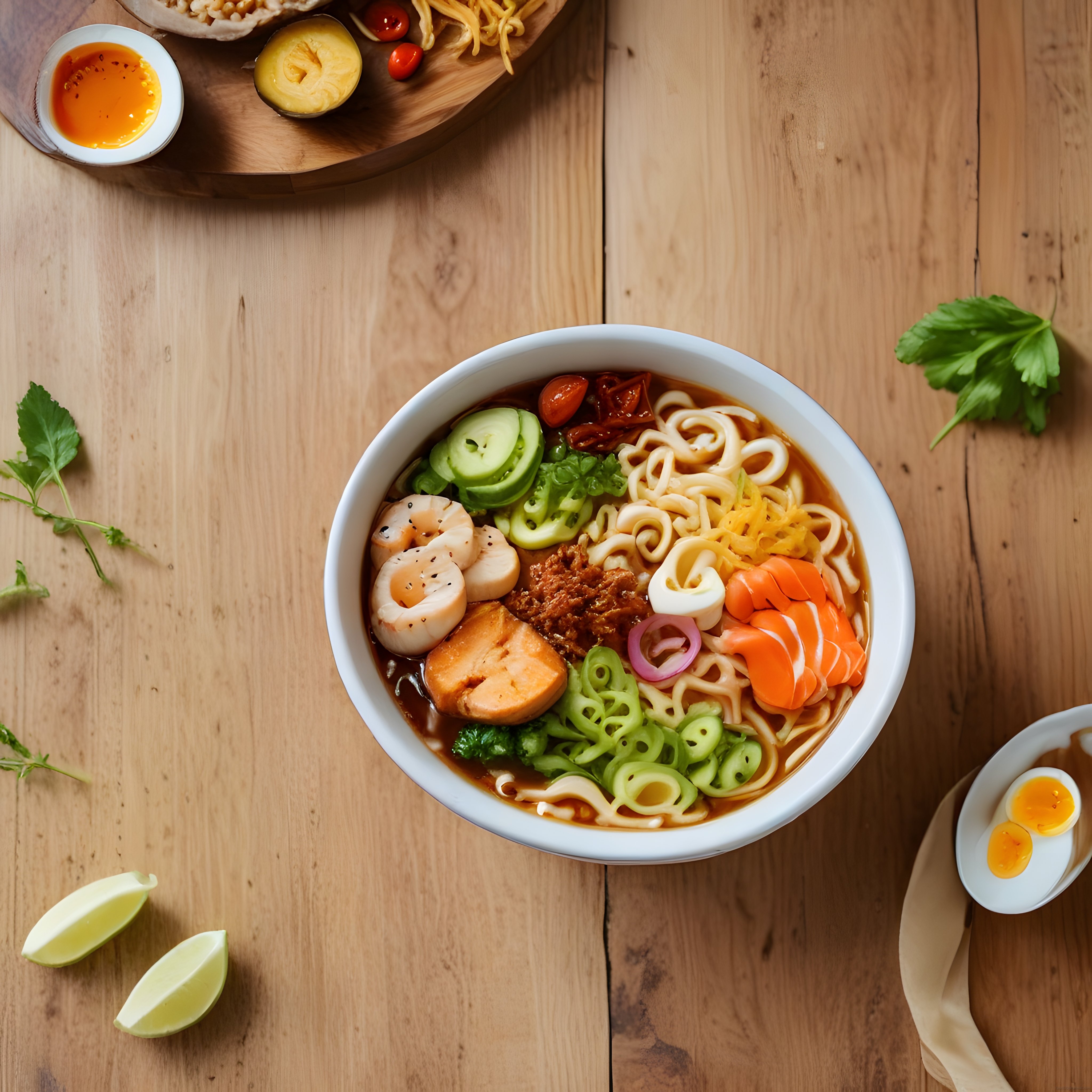 Ahşap Masa Üzerinde Taze Sebzeler ve Deniz Ürünleriyle Süslenmiş Ramen Kasesi