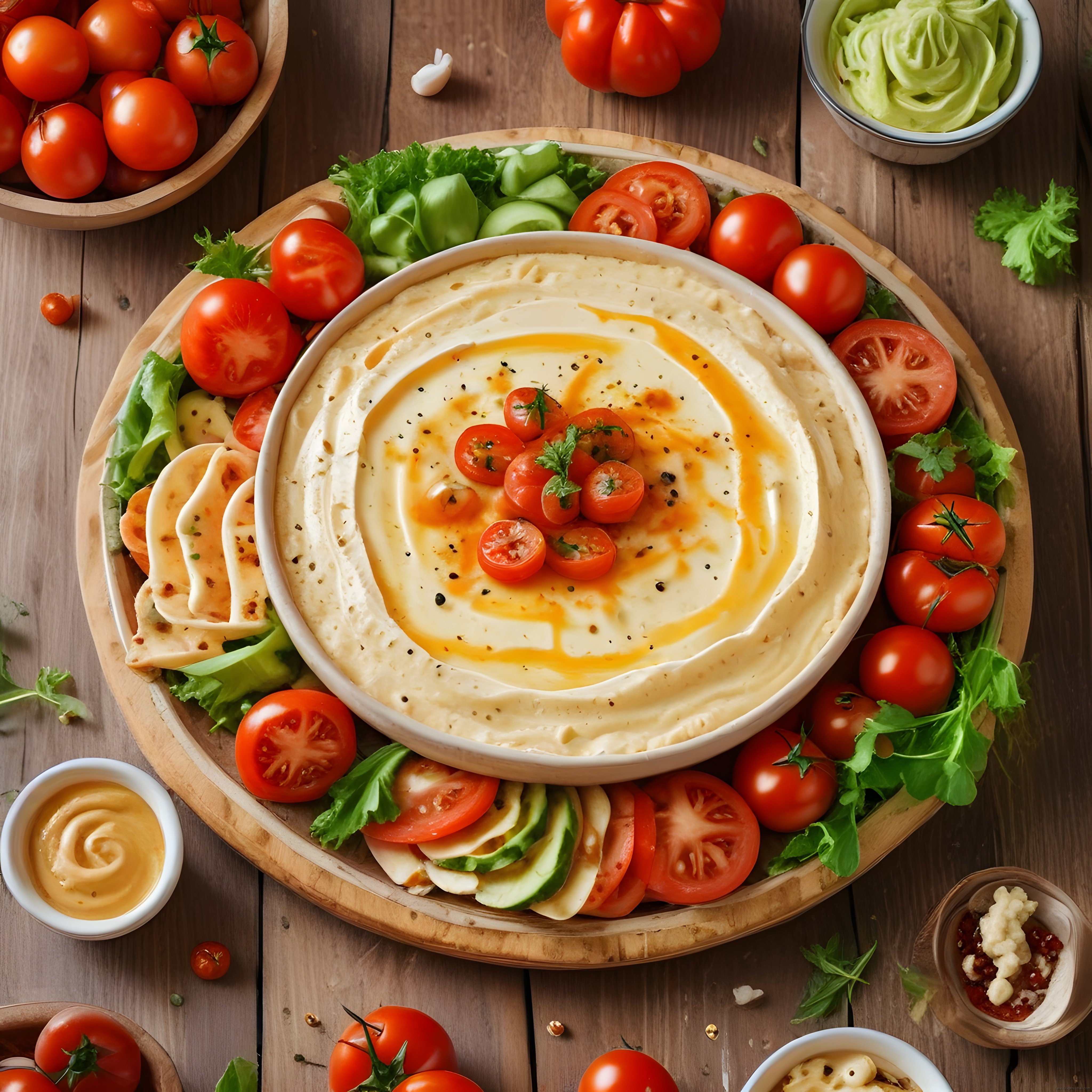 Ahşap masa üzerinde taze sebzelerle hazırlanmış ev yapımı humus tabağı