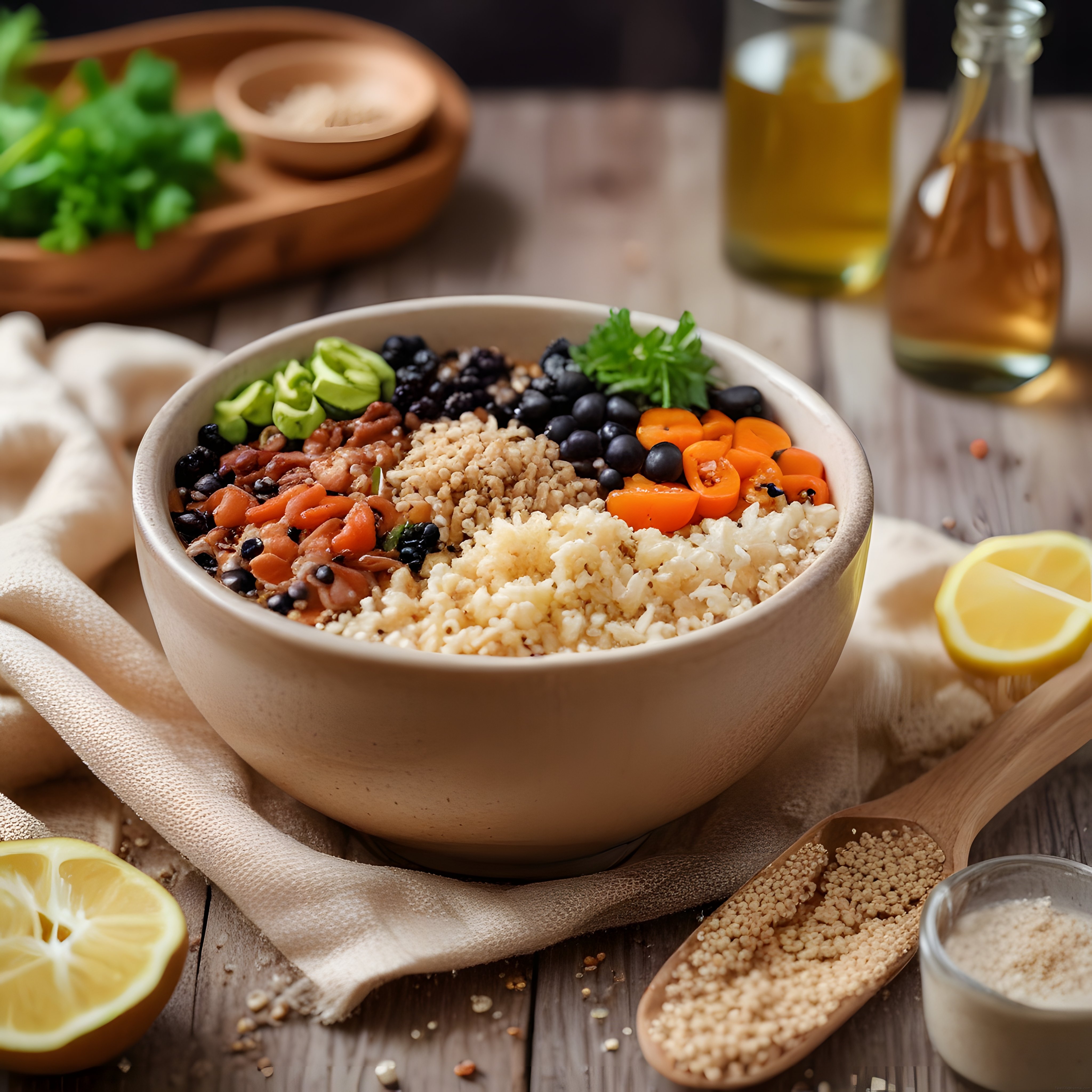 Ahşap Masa Üzerinde Taze Sebzelerle Kinoa Bowl ve Limon Sunumu
