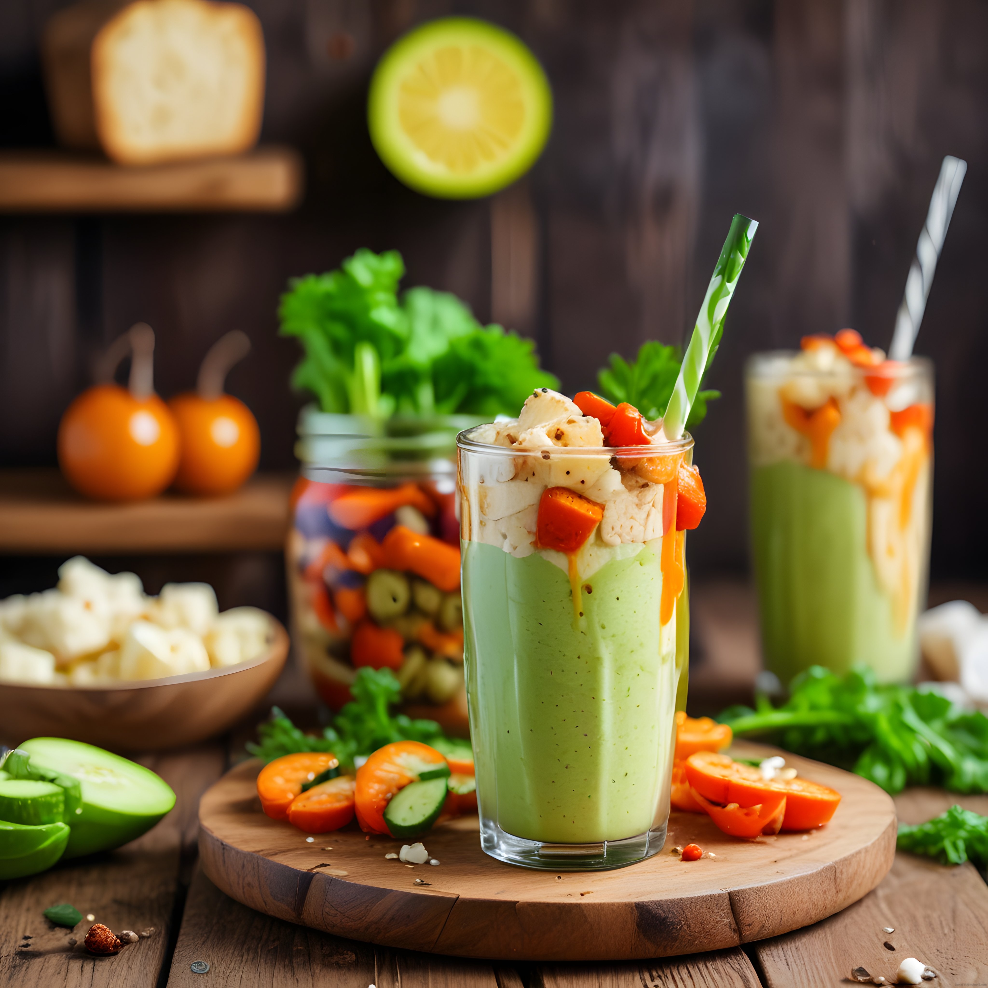 Ahşap Masa Üzerinde Taze Sebzelerle Süslenmiş Sağlıklı Yeşil Smoothie