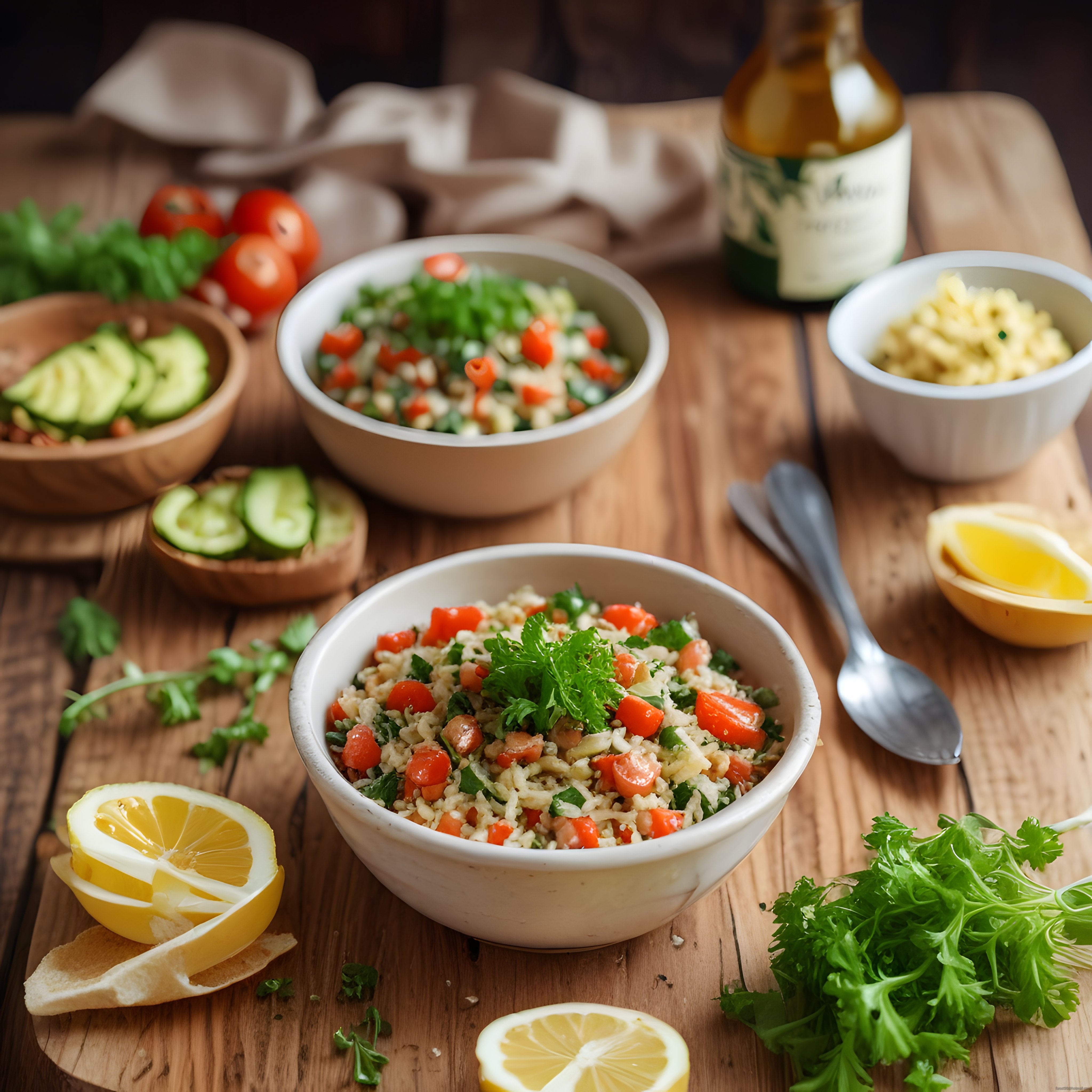 Ahşap Masa Üzerinde Taze Sebzeli Kısır ve Limonlu Salata Hazırlığı