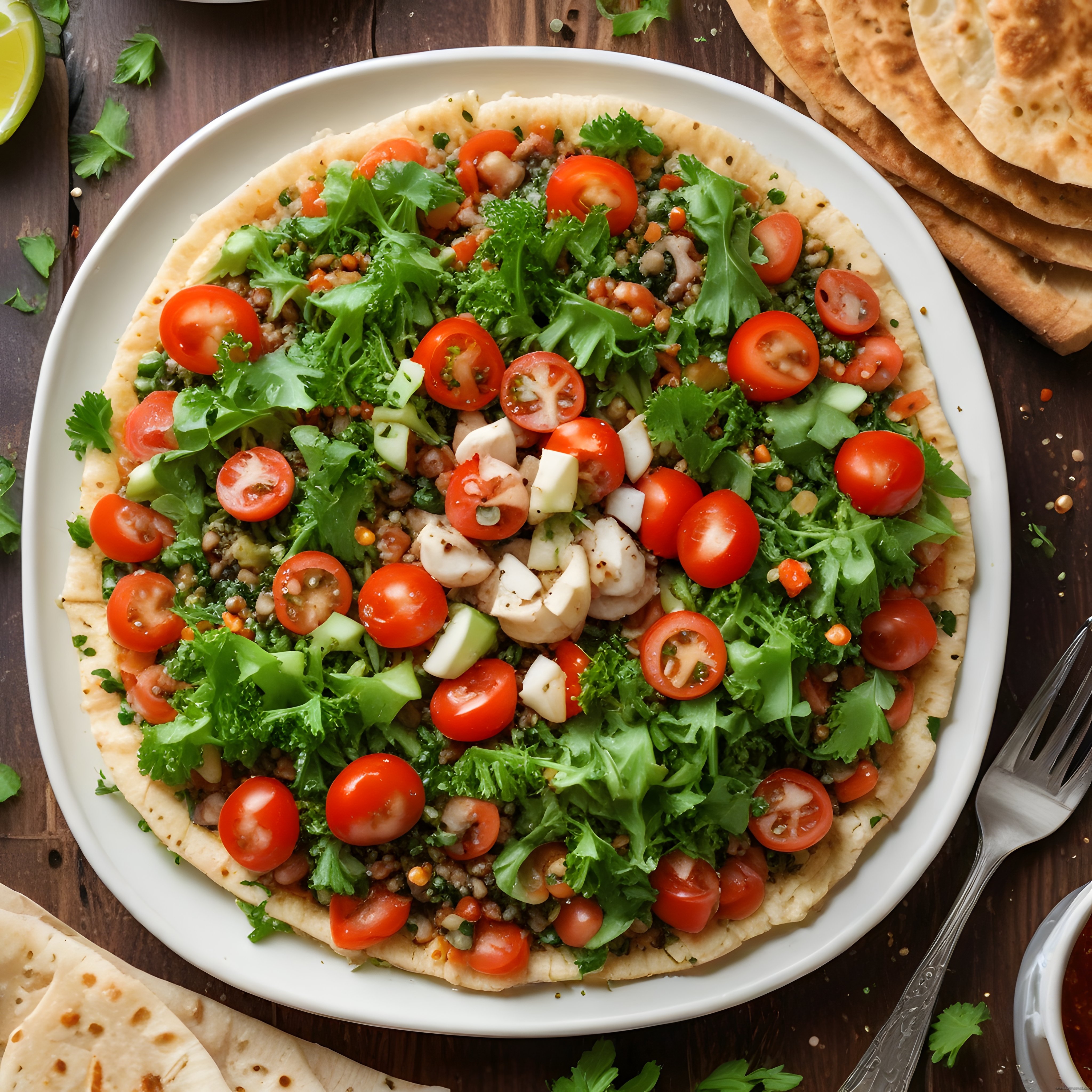Ahşap Masa Üzerinde Taze Sebzeli Peynirli Salata ve Lavaş Ekmek