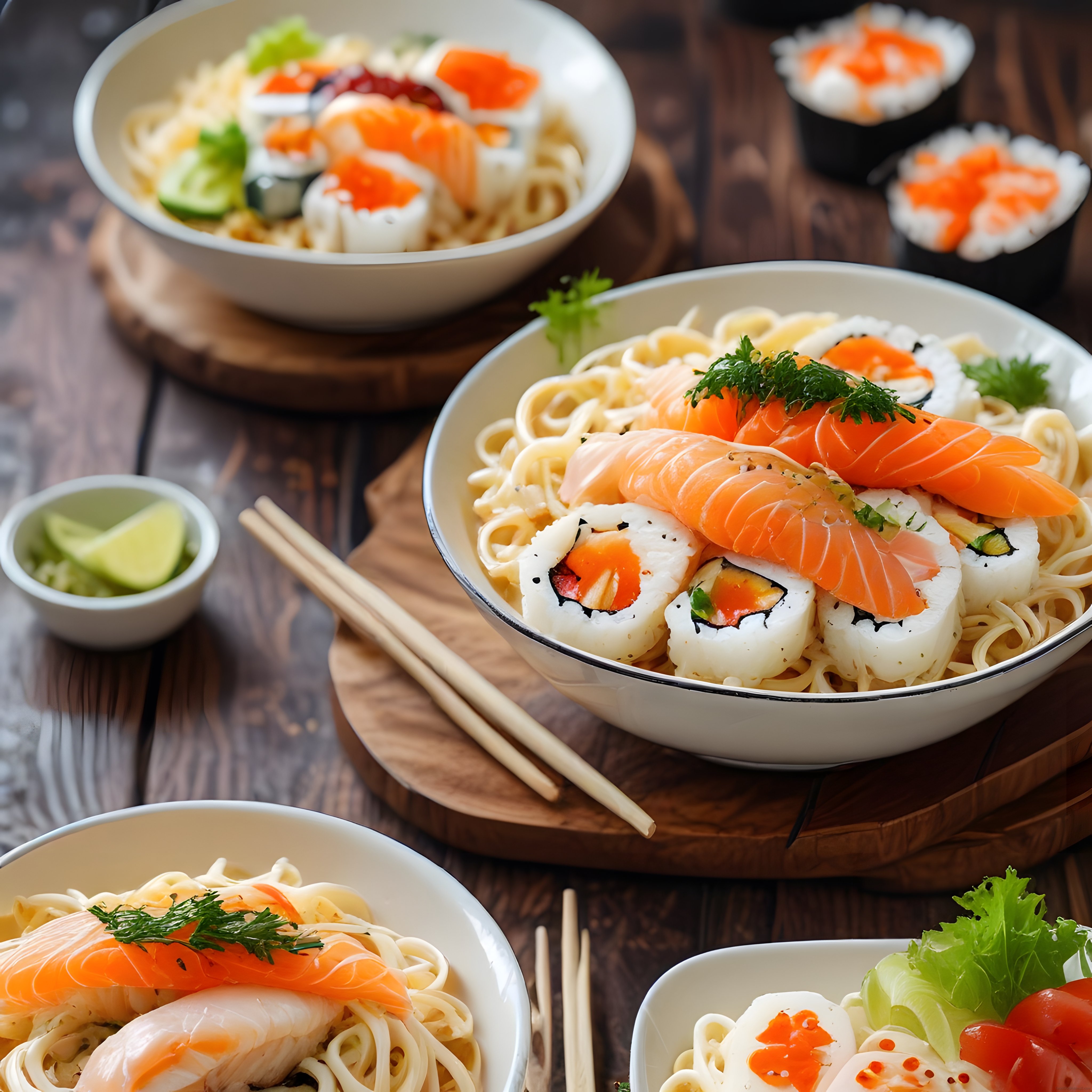 Ahşap Masa Üzerinde Taze Somon ve Sushi ile Noodle Kasesi Sunumu