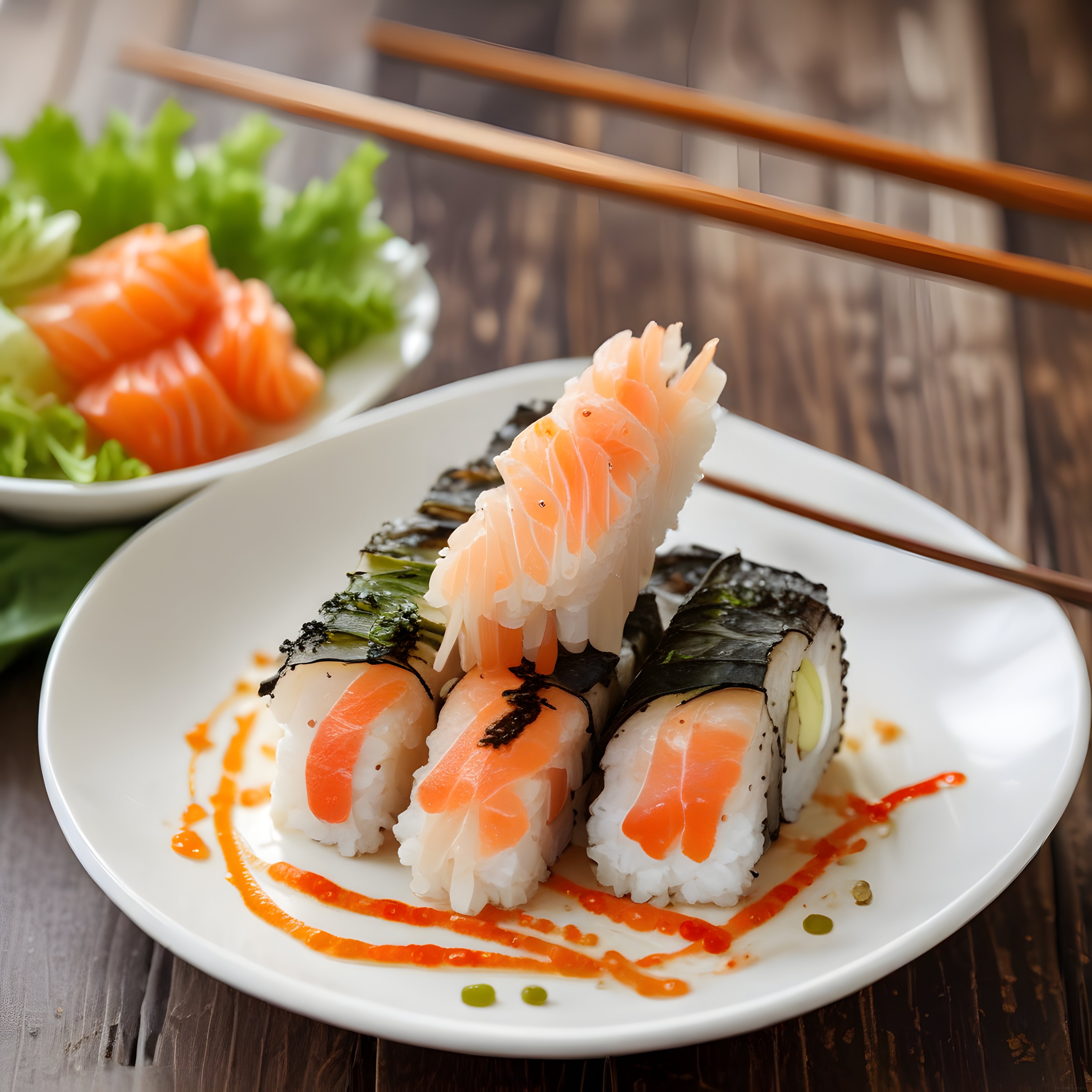 Ahşap Masa Üzerinde Taze Somonlu Sushi ve Maki Keyfi ile Japon Lezzet Deneyimi