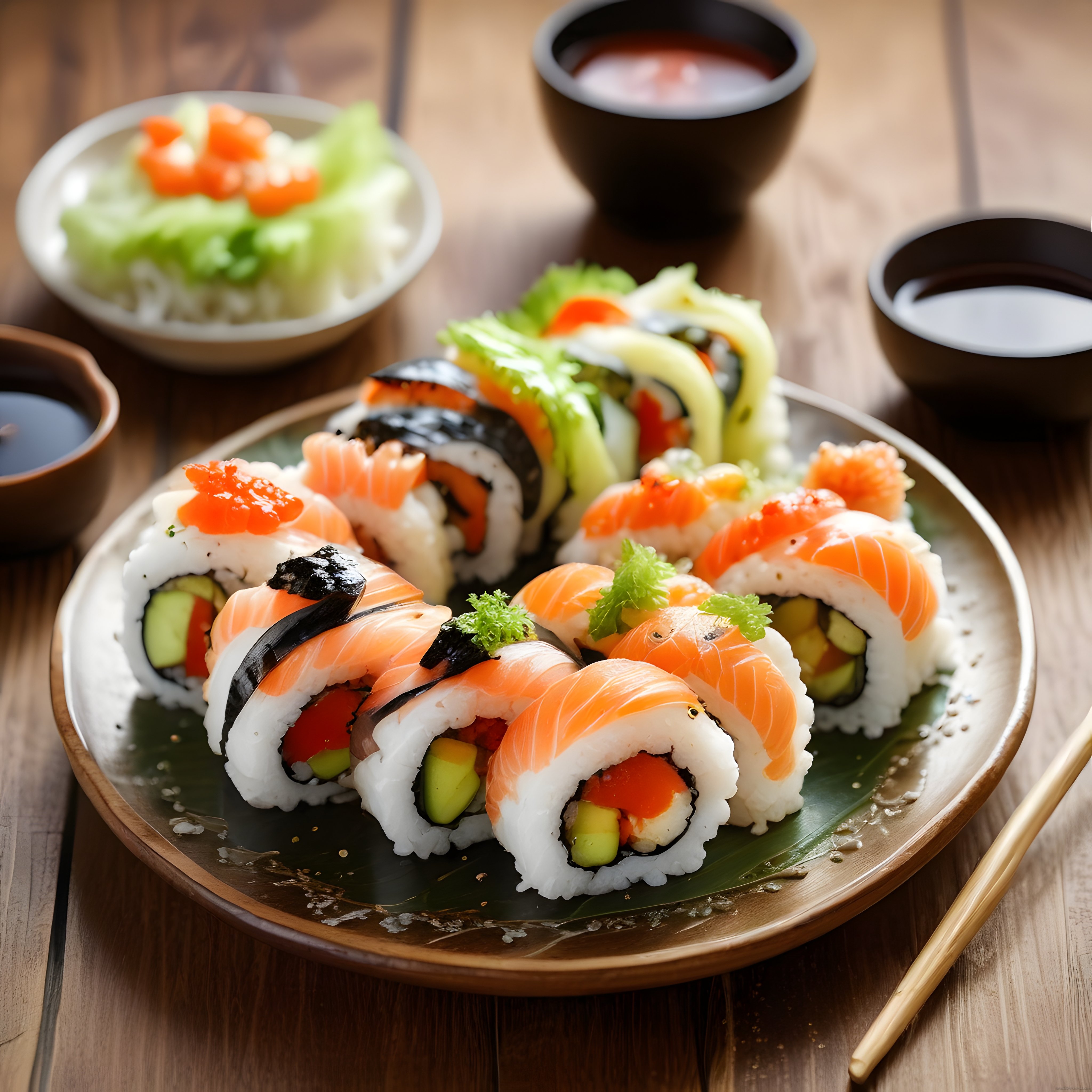 Ahşap Masa Üzerinde Taze Somonlu ve Avokadolu Sushi Rulosu Sunumu