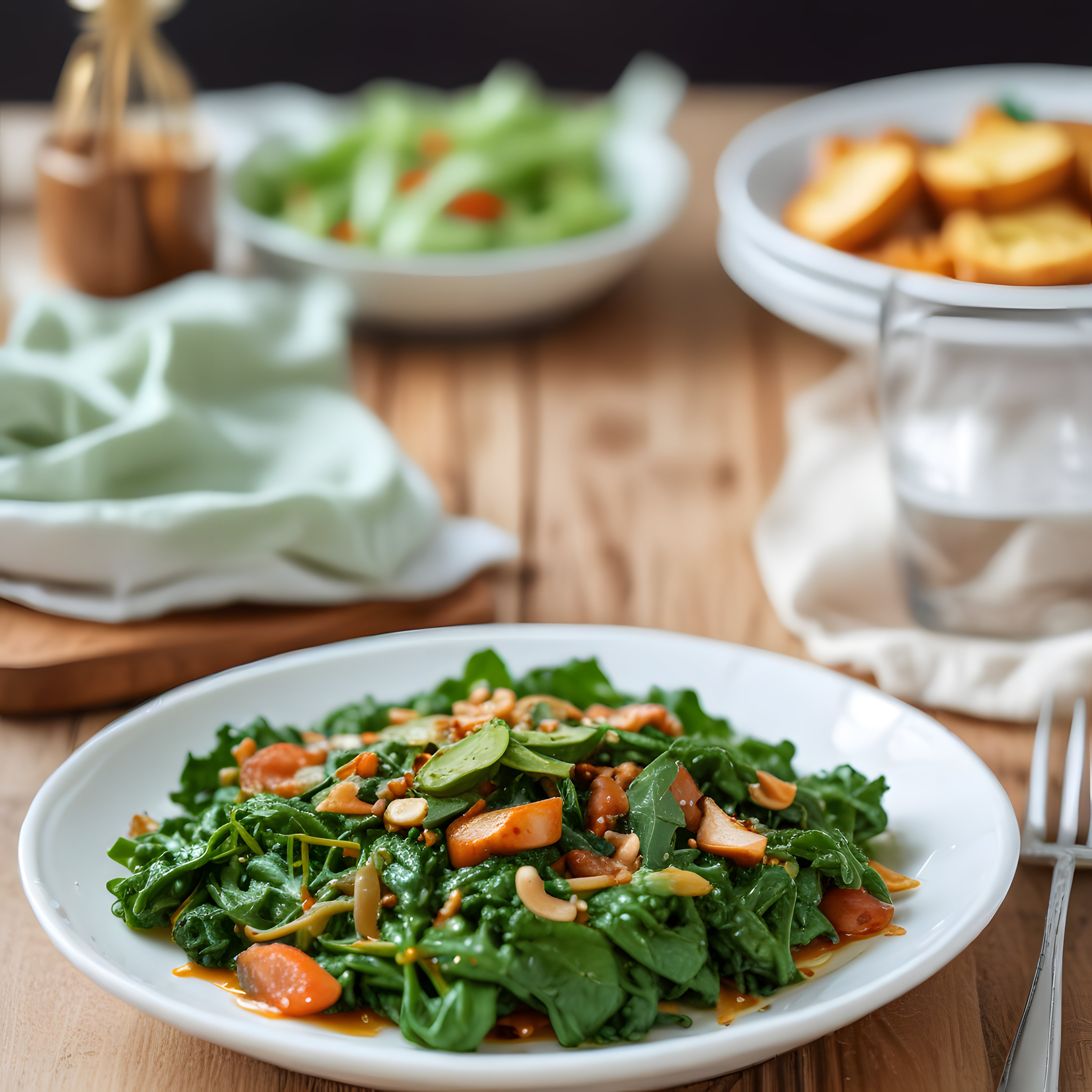 Ahşap Masa Üzerinde Taze Yeşil Salata ve Kızarmış Ekmek Atıştırmalığı