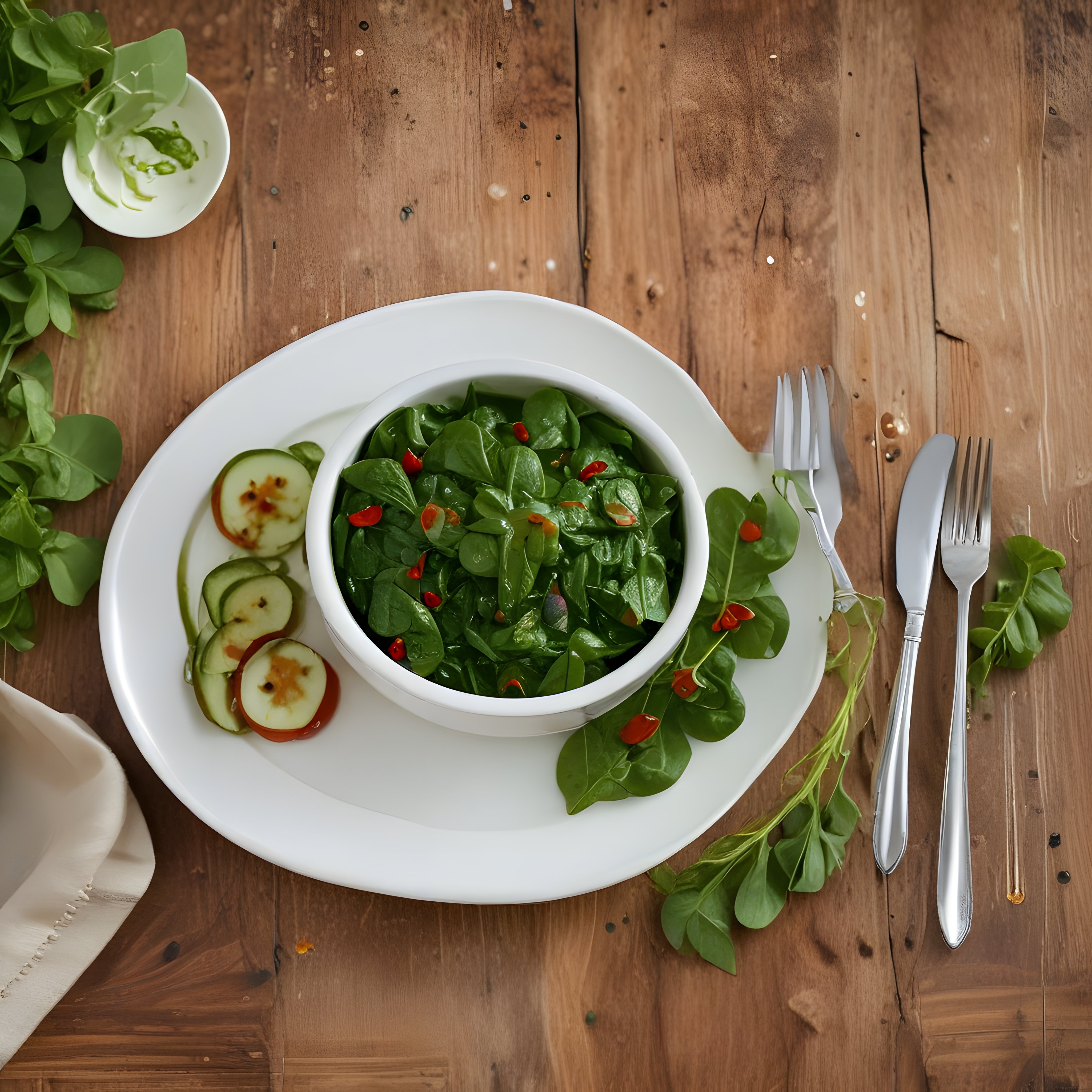 Ahşap Masa Üzerinde Taze Yeşil Salata ve Salatalık Dilimleri ile Sağlıklı Sunum