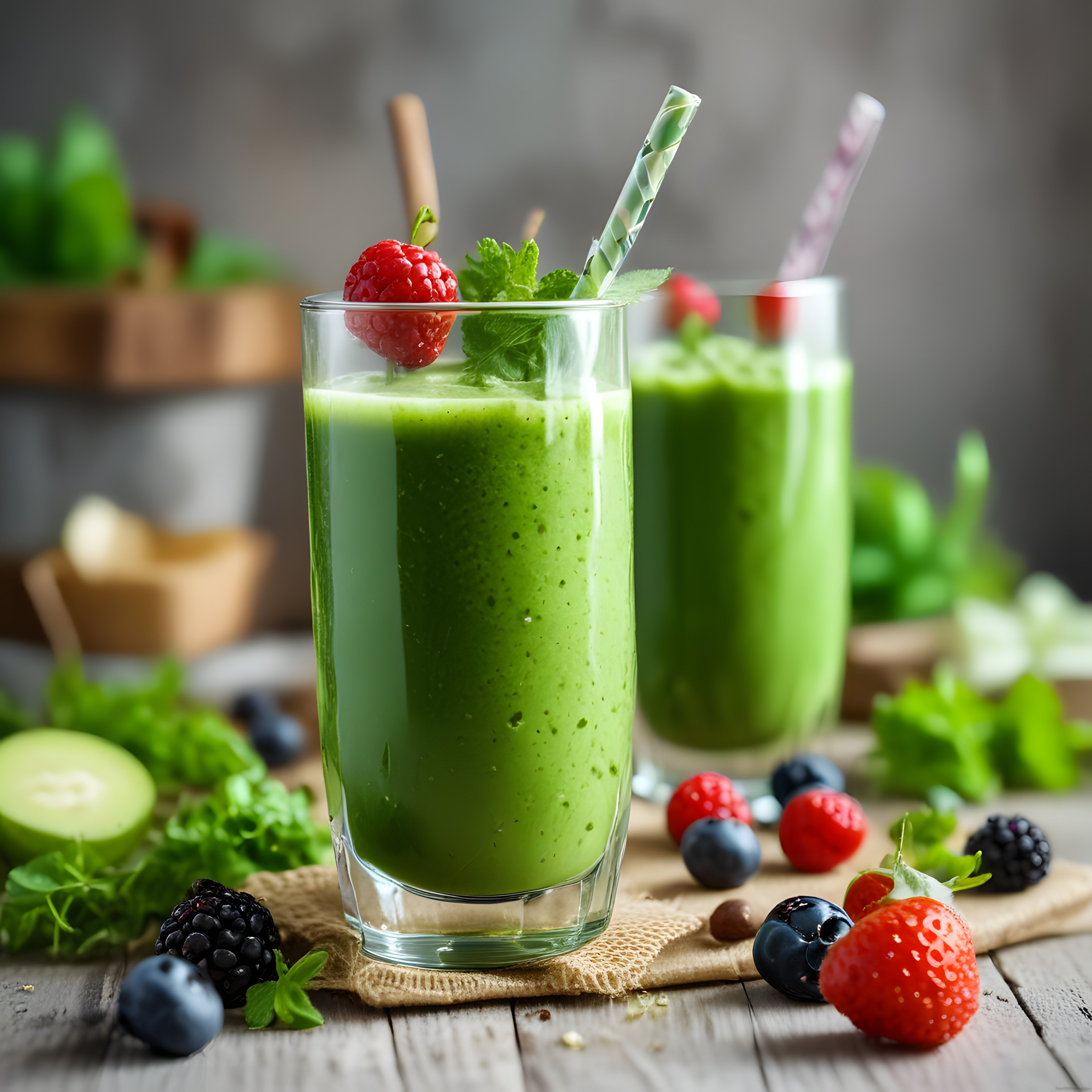 Ahşap Masa Üzerinde Taze Yeşil Smoothie ve Orman Meyveleri ile Sağlıklı İçecek