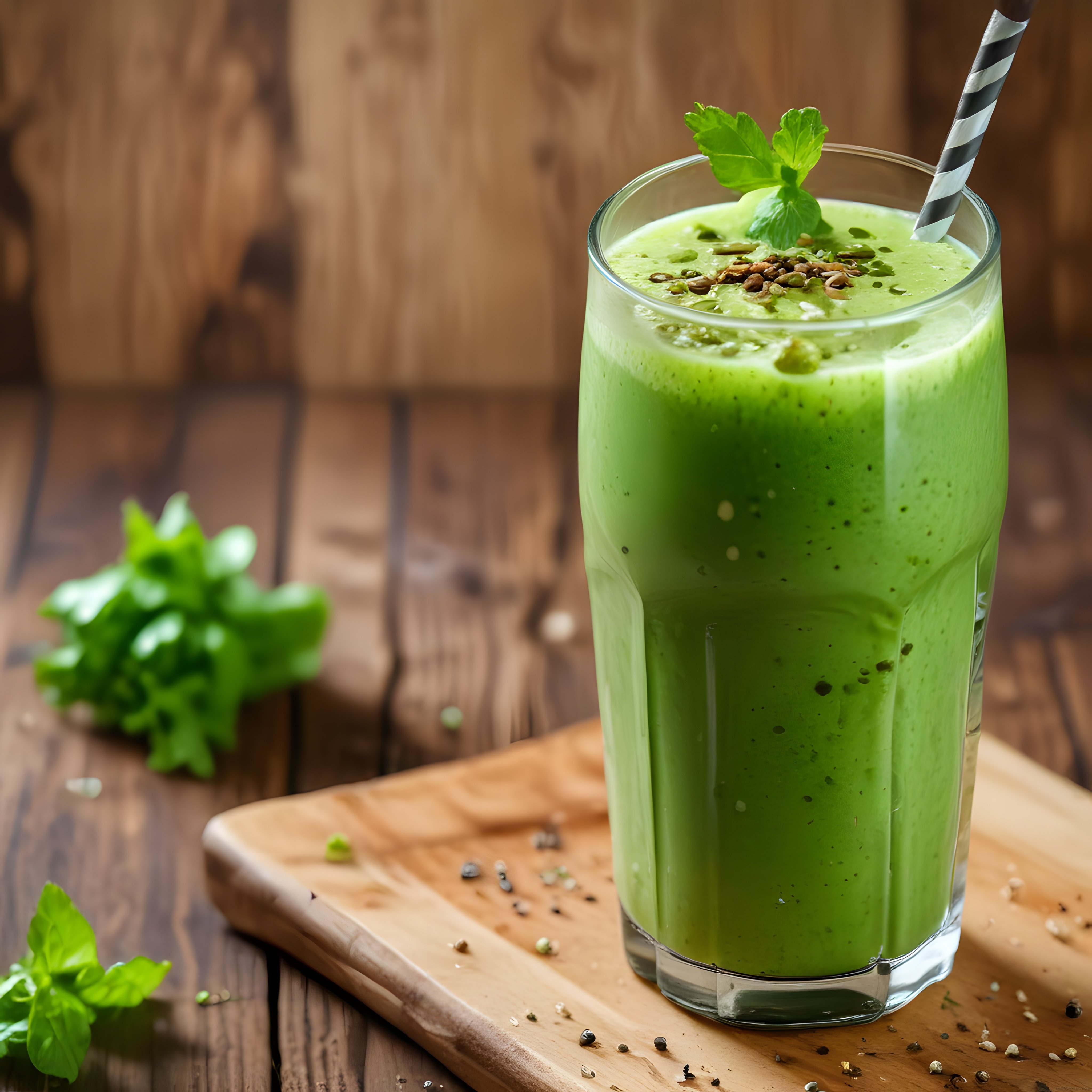 Ahşap Masa Üzerinde Taze Yeşil Smoothie ve Sağlıklı Tohum Süslemesi