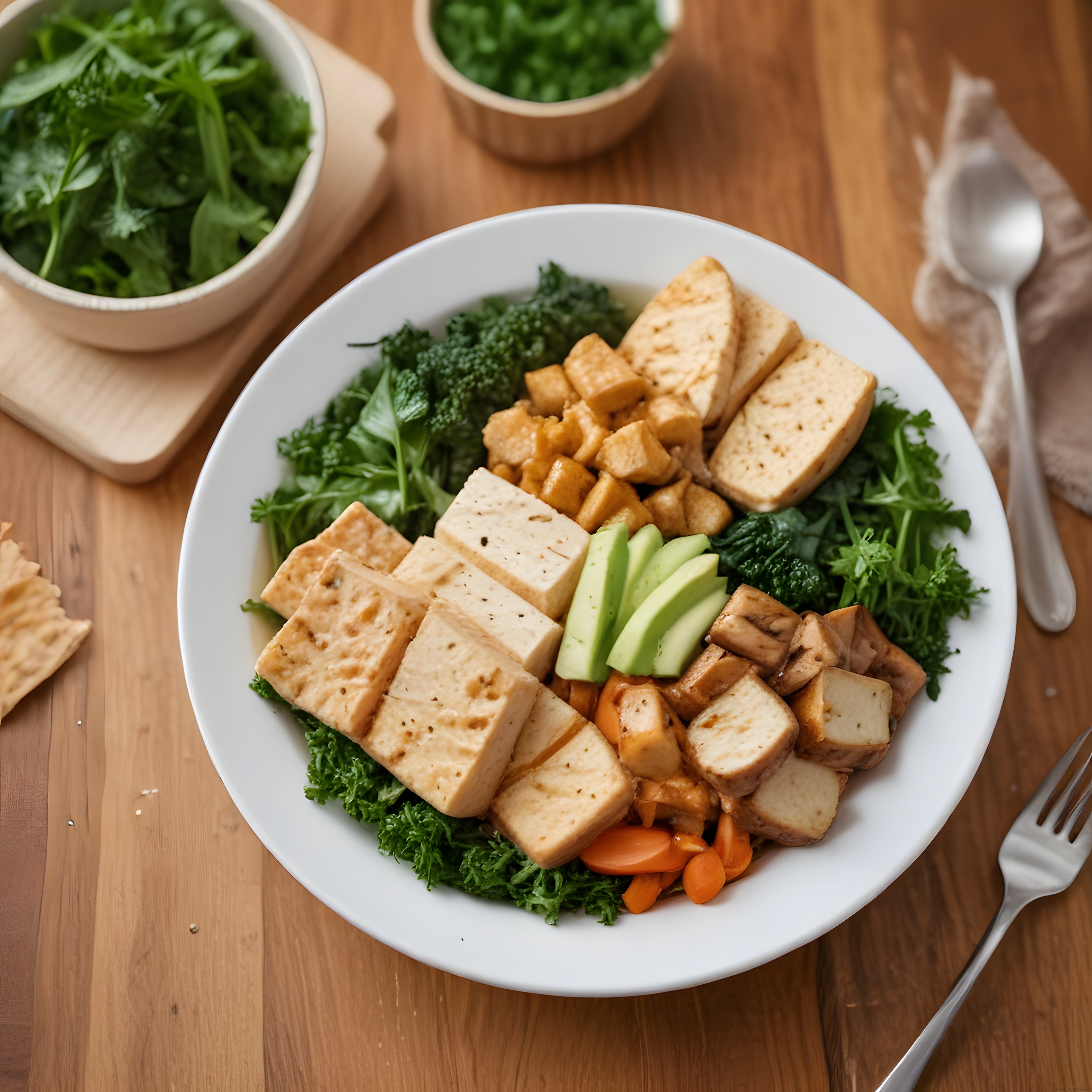 Ahşap Masa Üzerinde Tofu Avokado ve Mantarlı Sağlıklı Vegan Kase