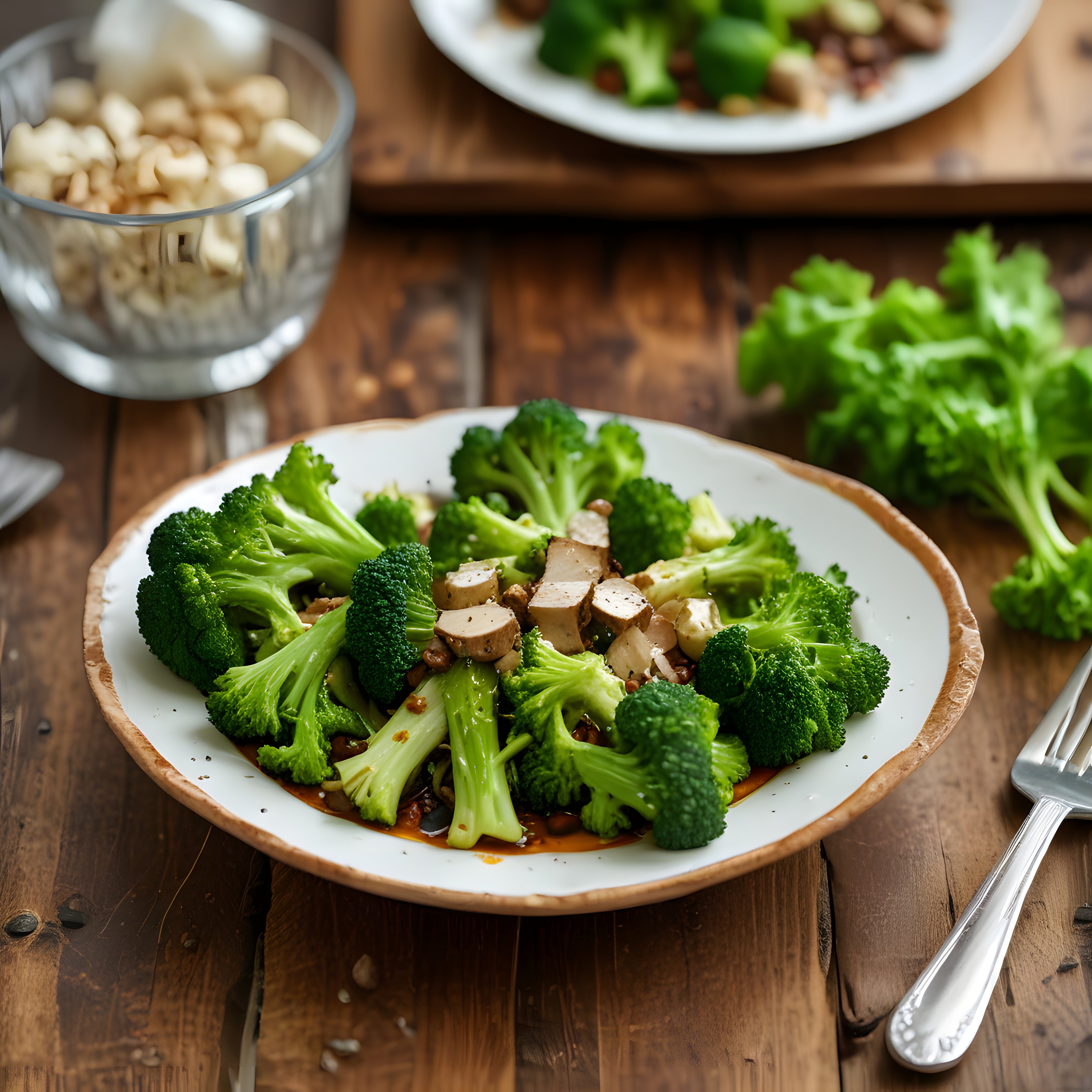 Ahşap Masa Üzerinde Tofu ve Brokolili Sağlıklı Vegan Yemek Sunumu