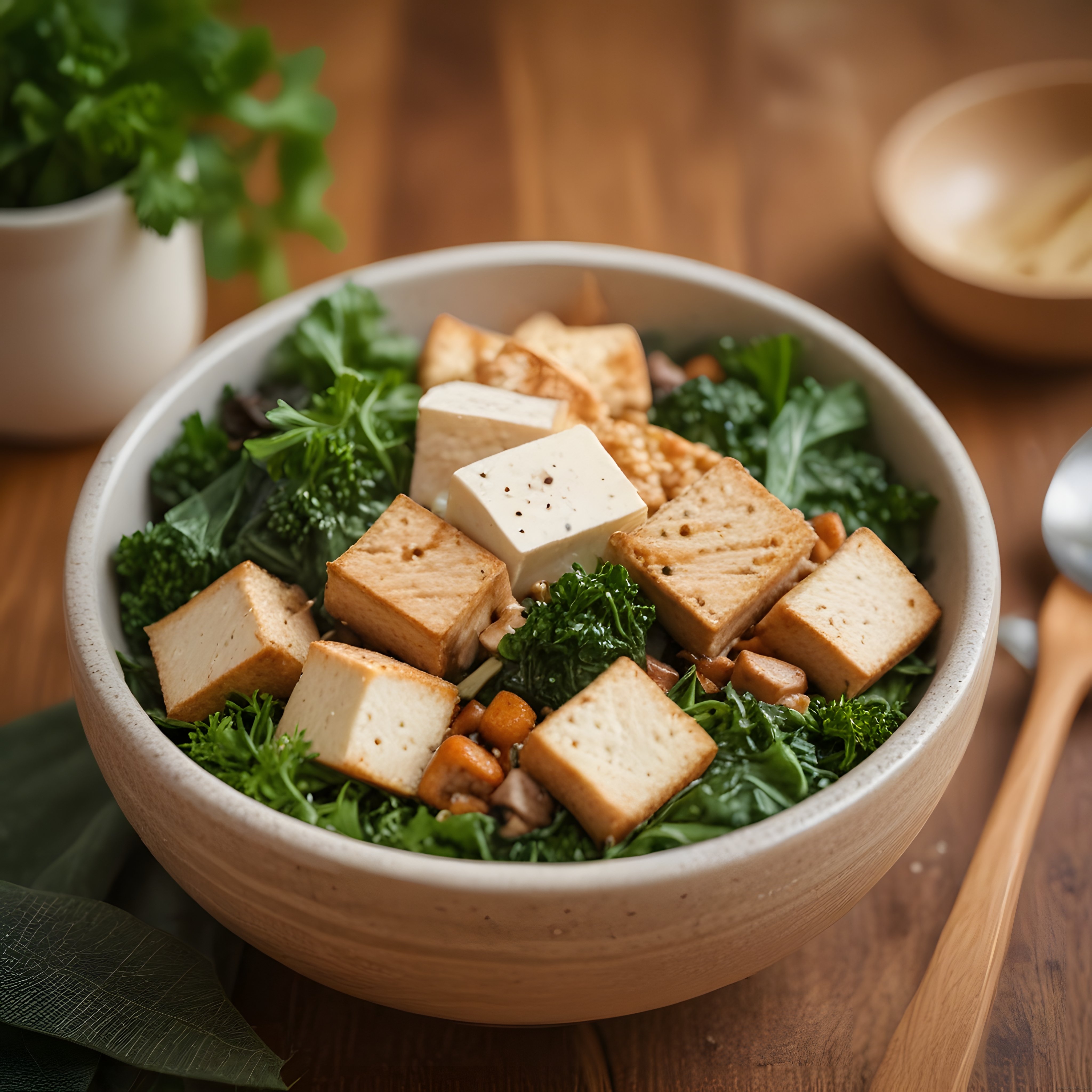 Ahşap Masa Üzerinde Tofu ve Yeşillikle Hazırlanan Besleyici Vegan Kase