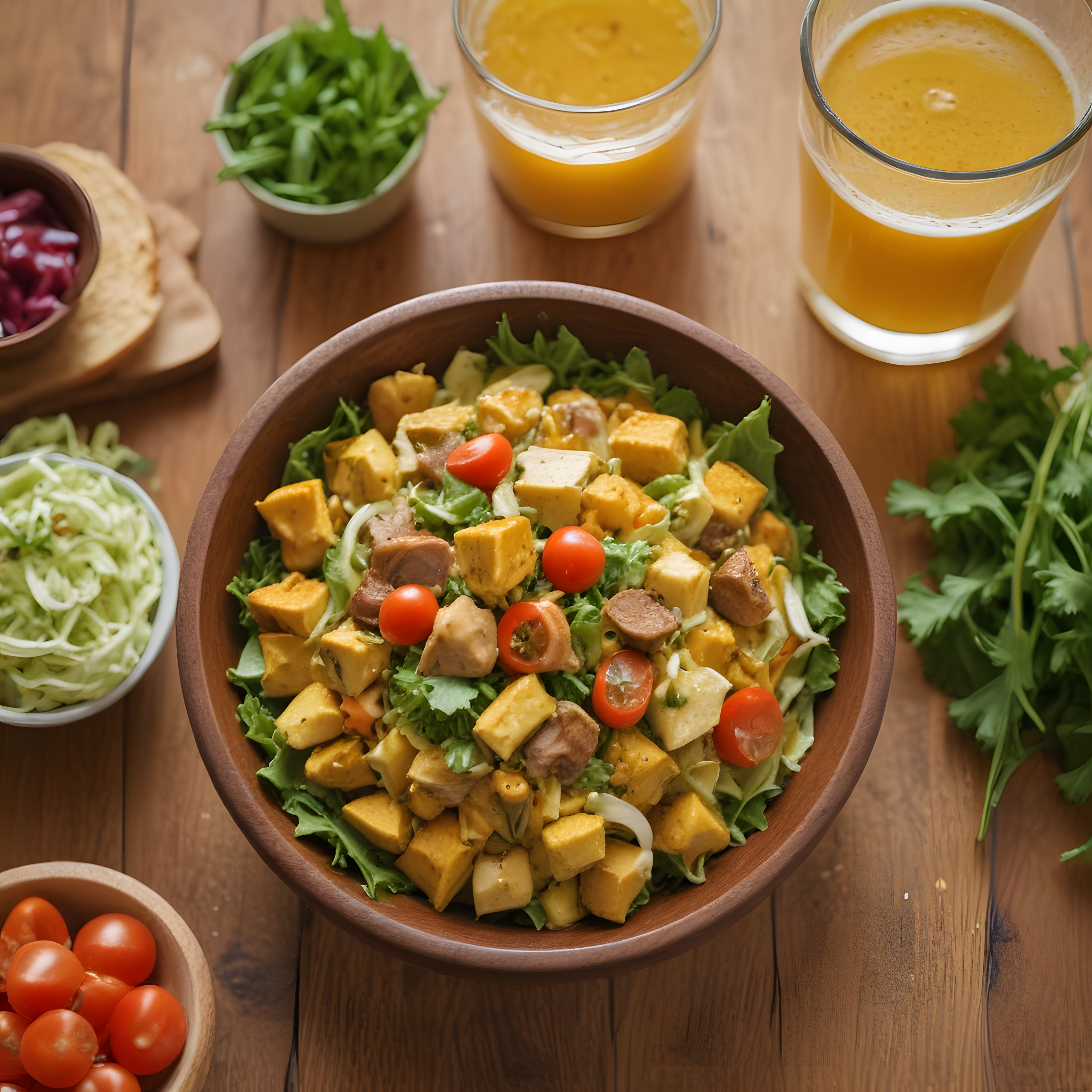 ahşap masa üzerinde tofulu karışık salata ve taze sıkma portakal suyu