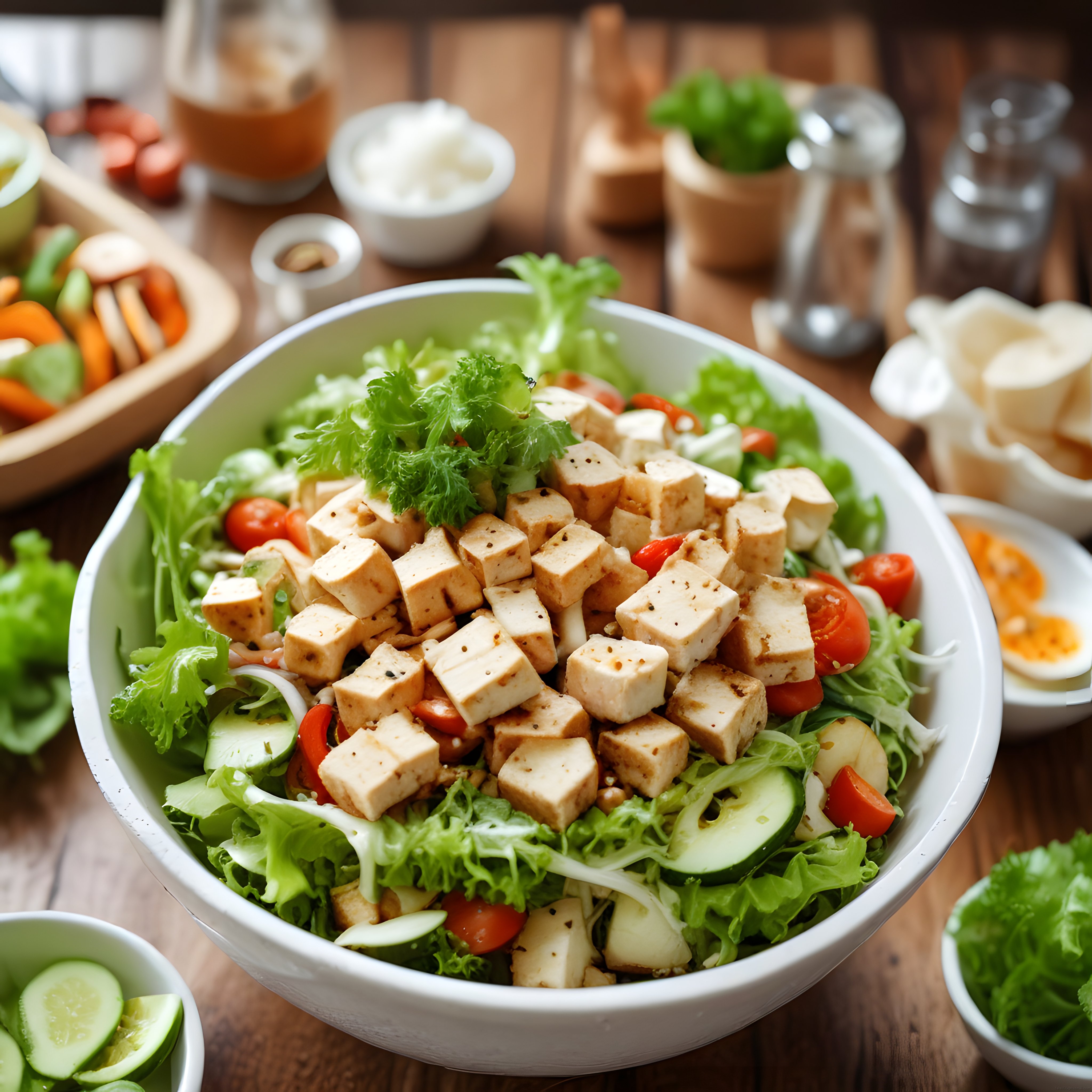 Ahşap Masa Üzerinde Tofulu Taze Yeşil Salata Kasesi ve Sağlıklı Vegan Öğün