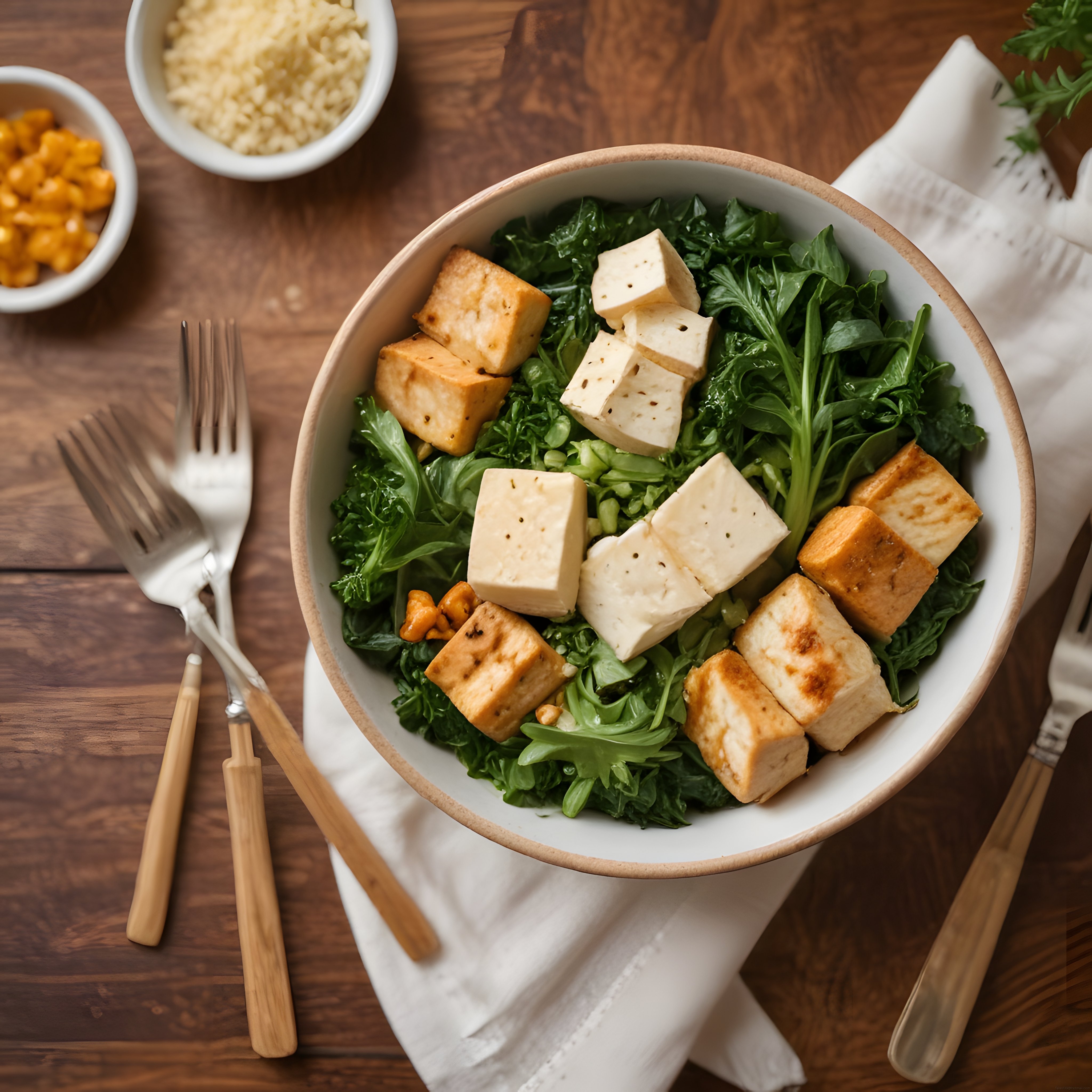 Ahşap Masa Üzerinde Tofulu ve Yeşil Salatalı Sağlıklı Vegan Kase Yemeği