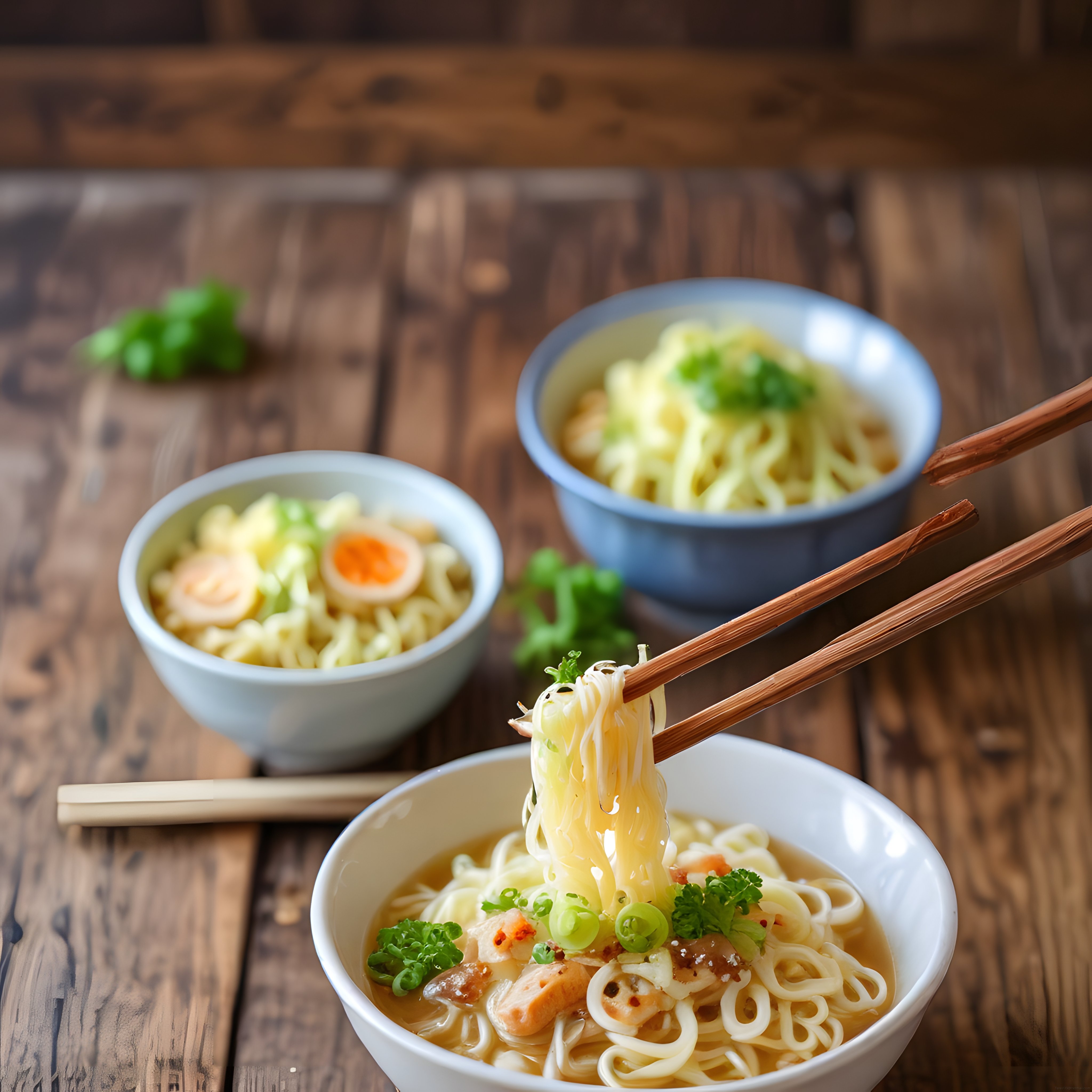 Ahşap Masa Üzerinde Üç Kase Tavuklu Ramen ve Çubuklarla Tutulan Erişte