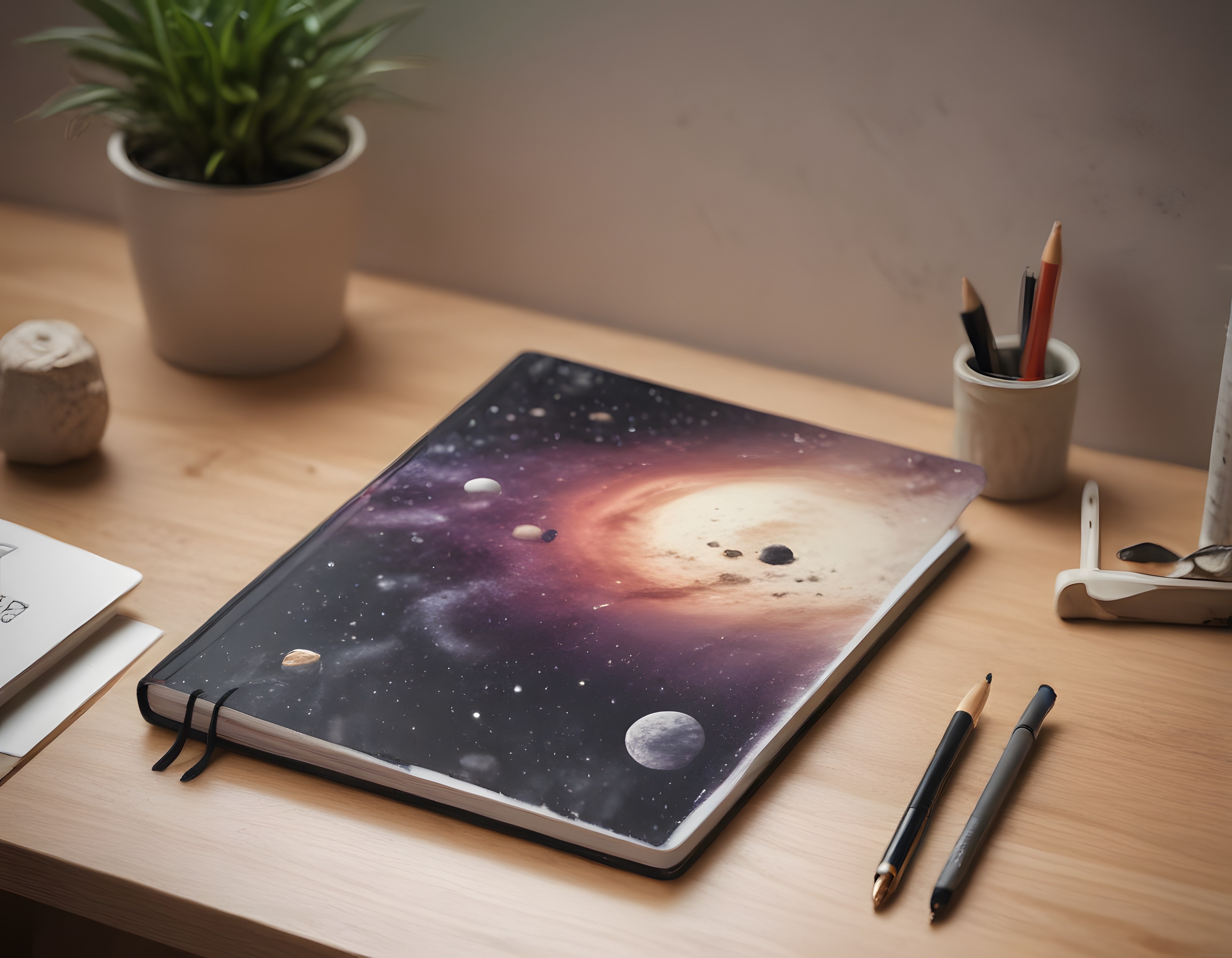Ahşap Masa Üzerinde Uzay Motifli Defter ve Minimal Kırtasiye Köşesi