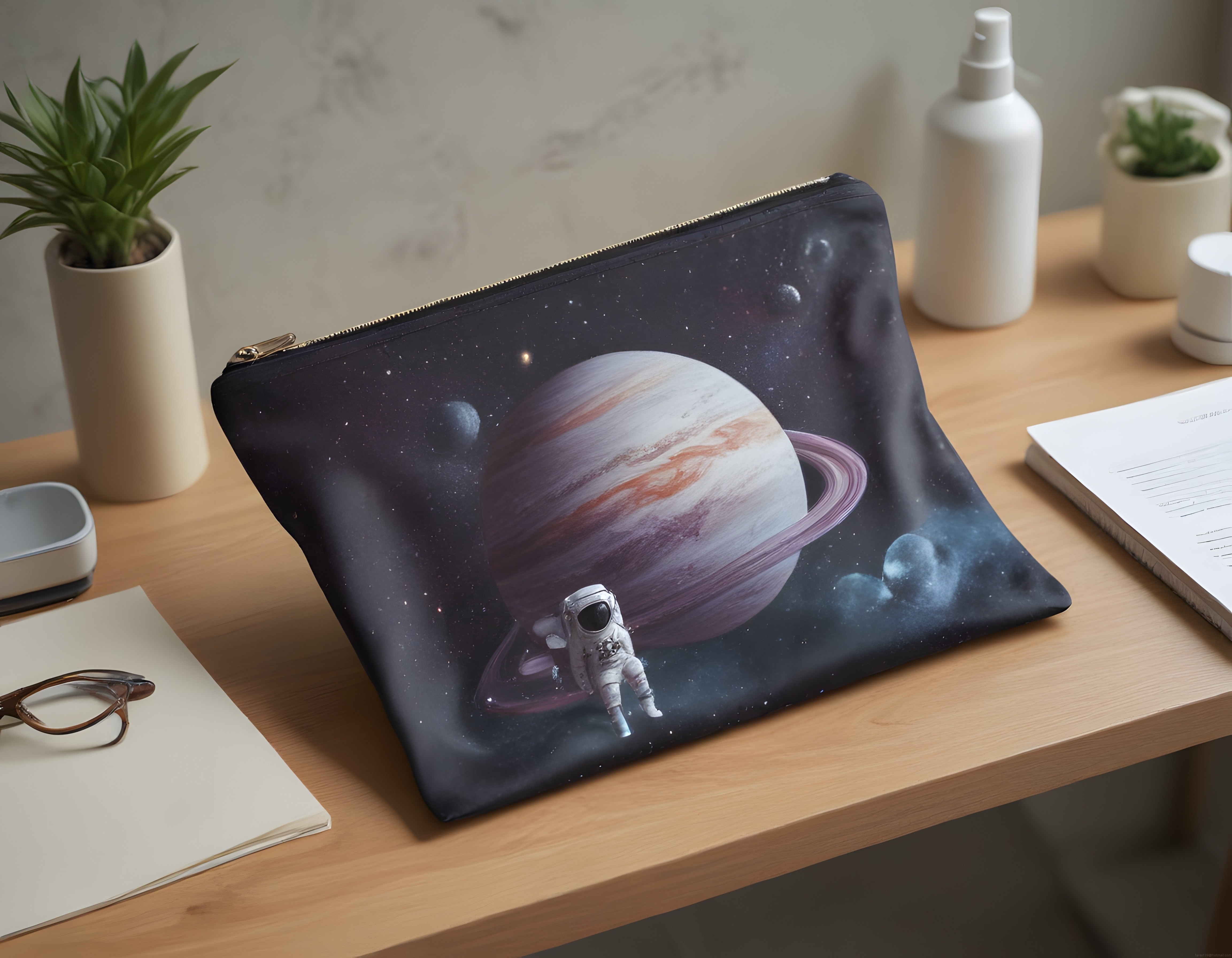 Ahşap Masa Üzerinde Uzay Temalı Astronot ve Satürn Baskılı Makyaj Çantası