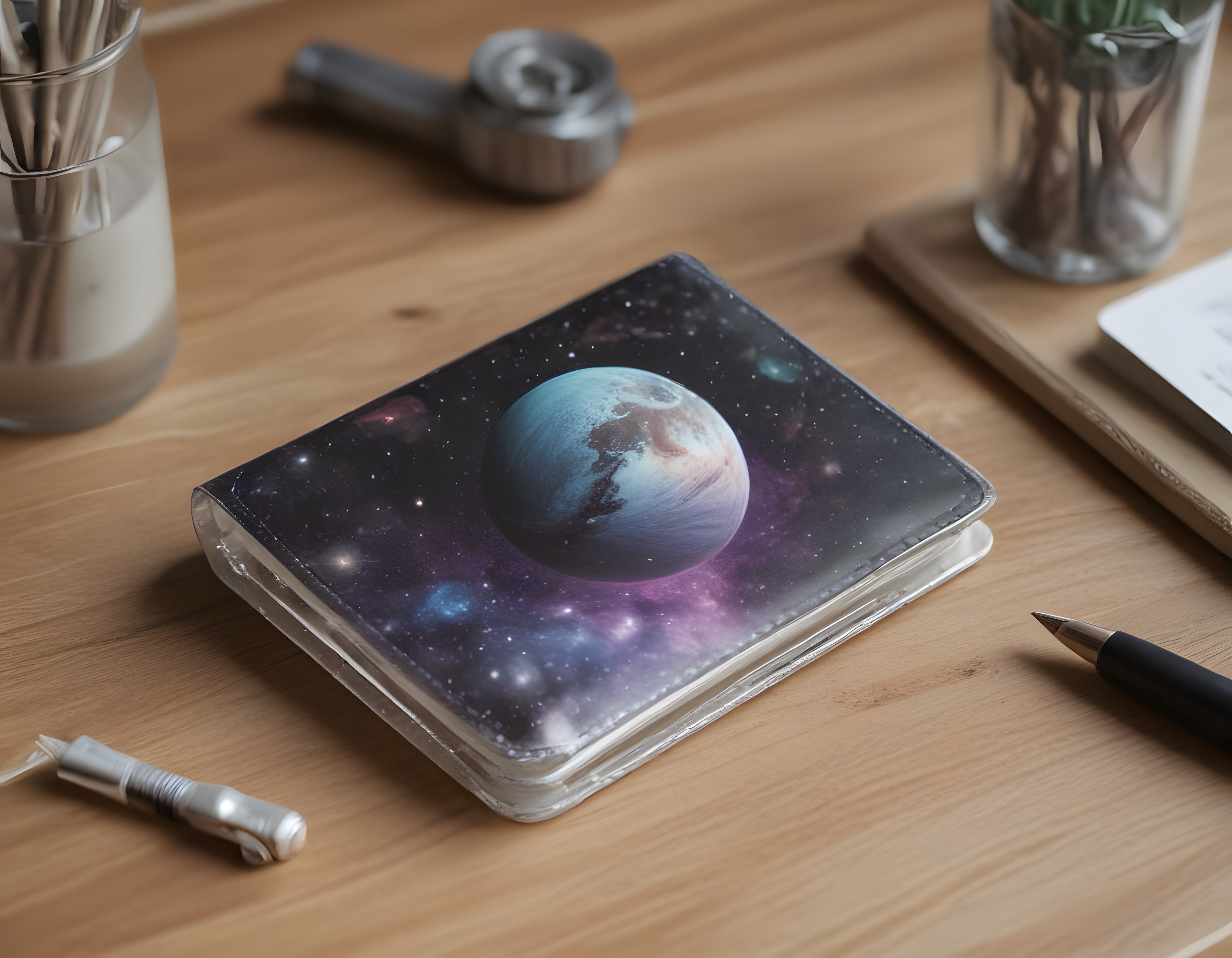 Ahşap Masa Üzerinde Uzay Temalı Gezegen Desenli Defter ve Kalem