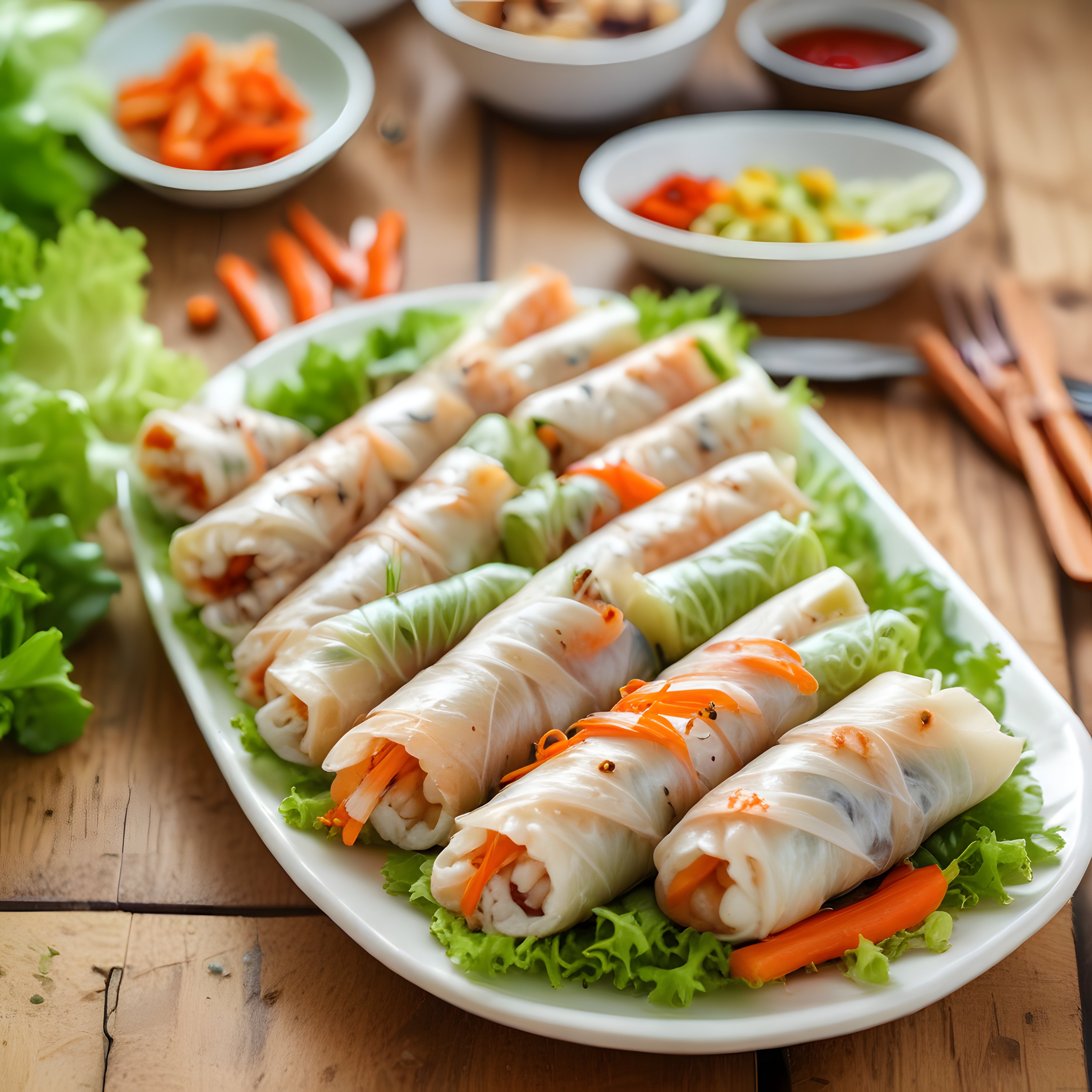 Ahşap masa üzerinde Vietnam usulü karidesli bahar ruloları ve asya sosları