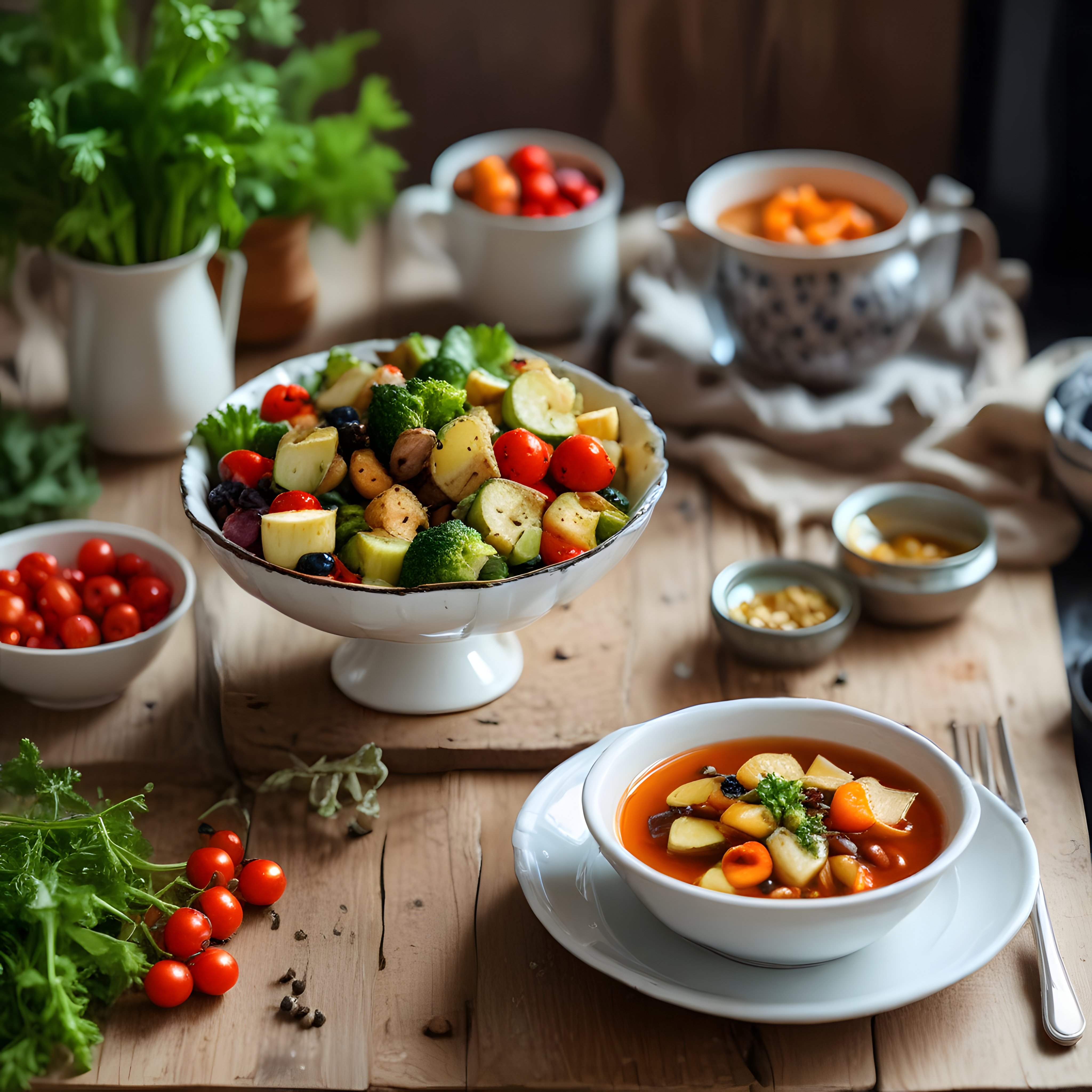 Ahşap Masa Üzerinde Vitamin Deposu Renkli Salata ve Sıcak Sebze Çorbası Sunumu