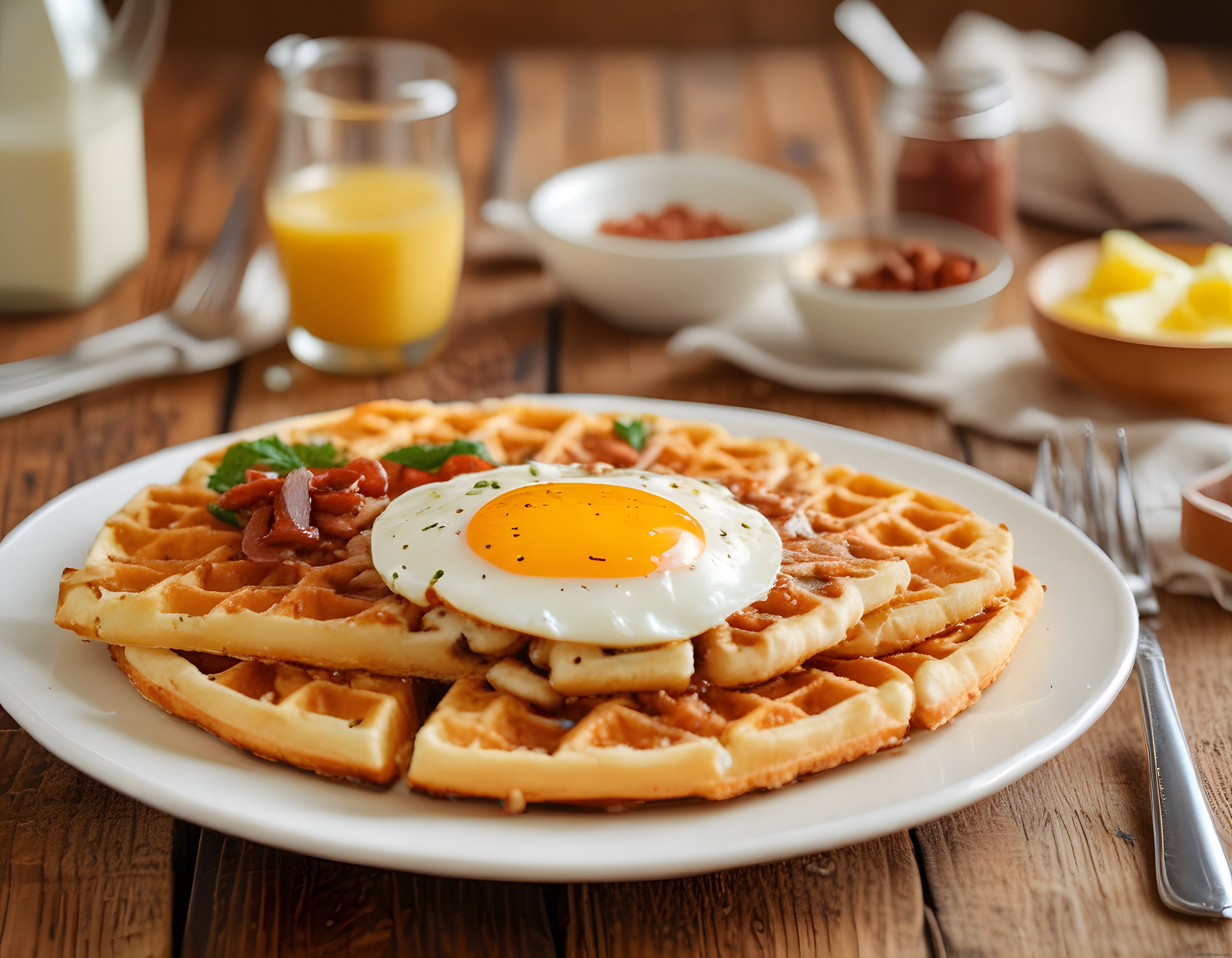 Ahşap masa üzerinde waffle, yumurta ve pastırmalı rustik kahvaltı tabağı