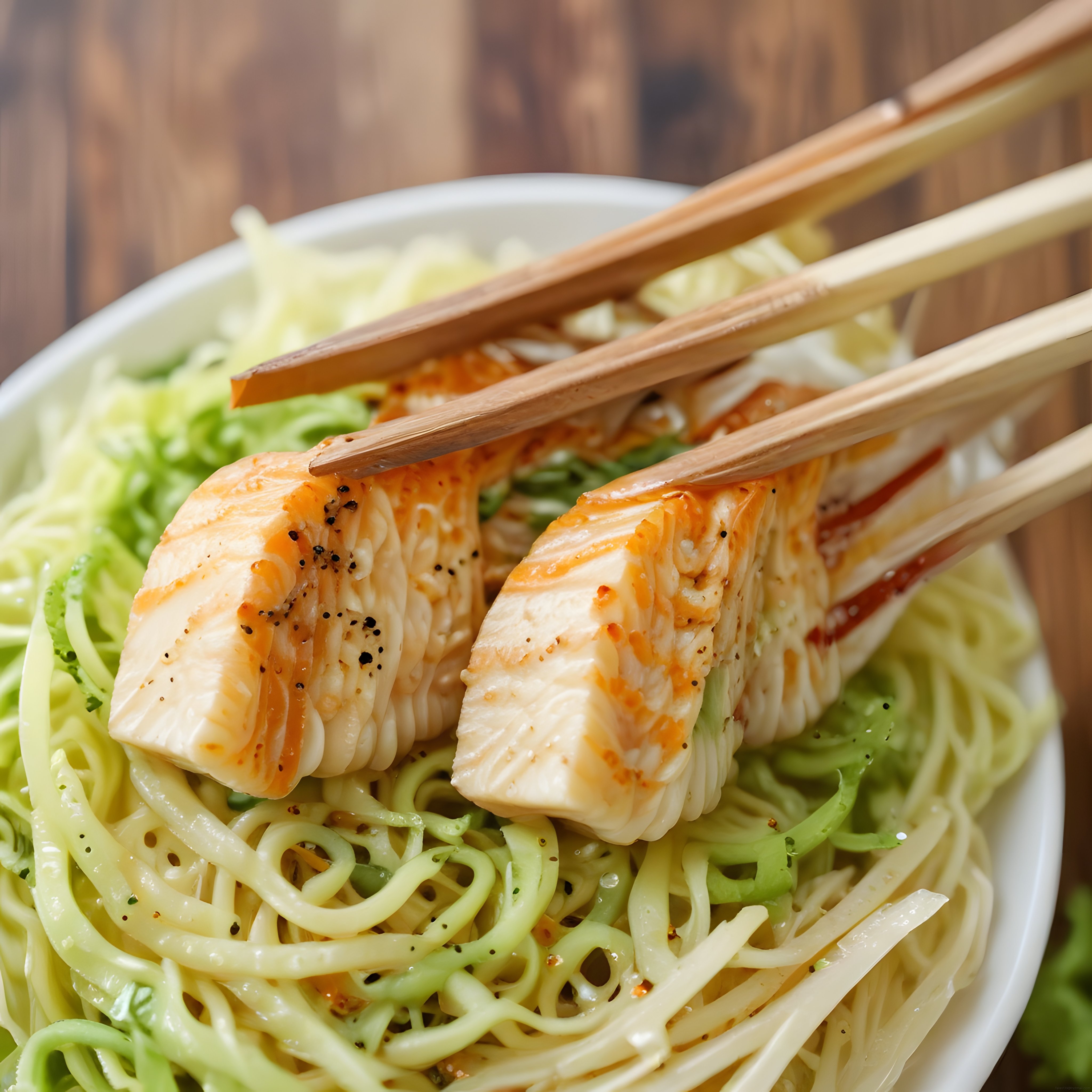 Ahşap Masa Üzerinde Yemek Çubuklarıyla Sunulan Tavuklu Noodle
