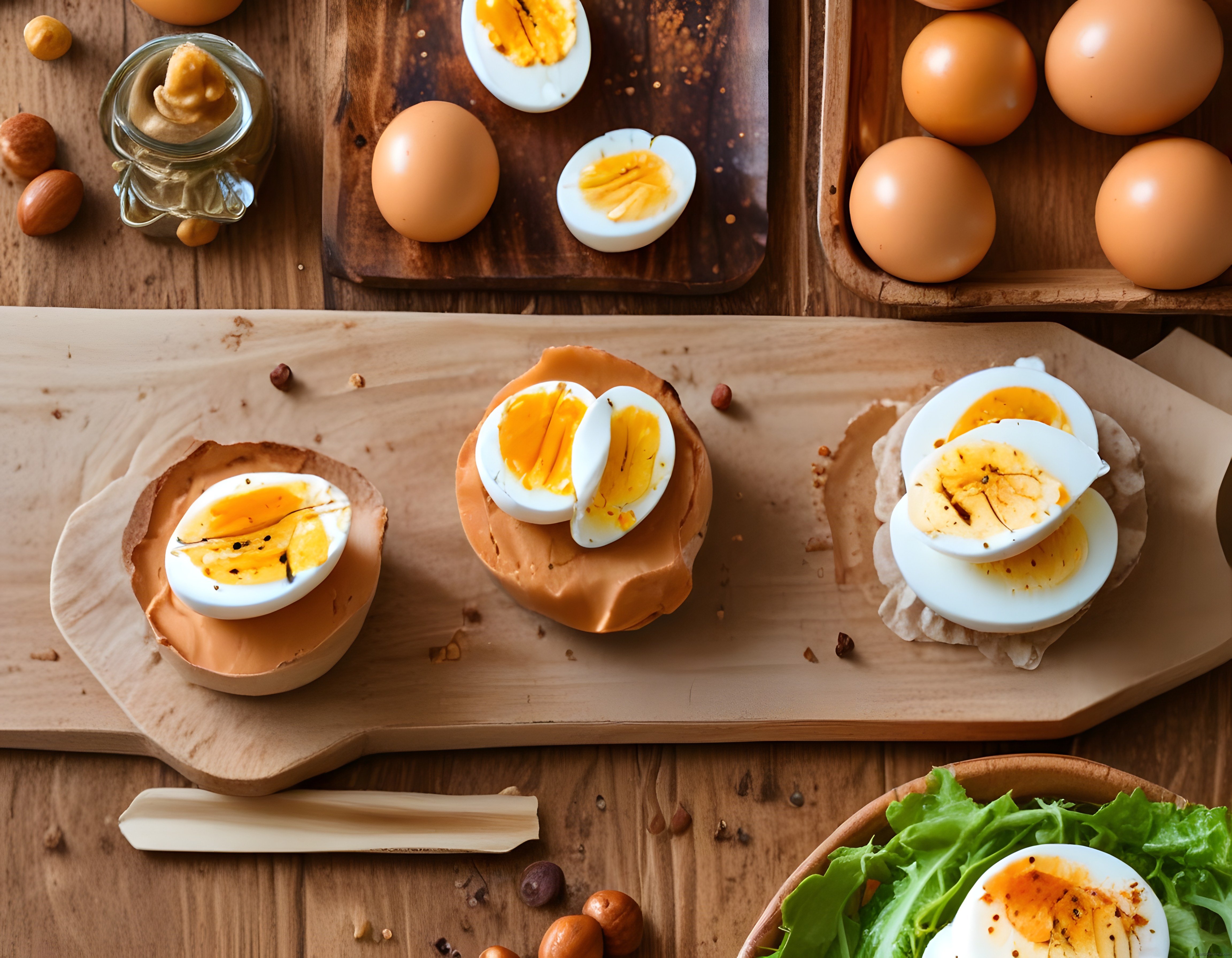 Ahşap Masa Üzerinde Yumurta ve Fındık Ezmeli Sağlıklı Kahvaltı Sunumu