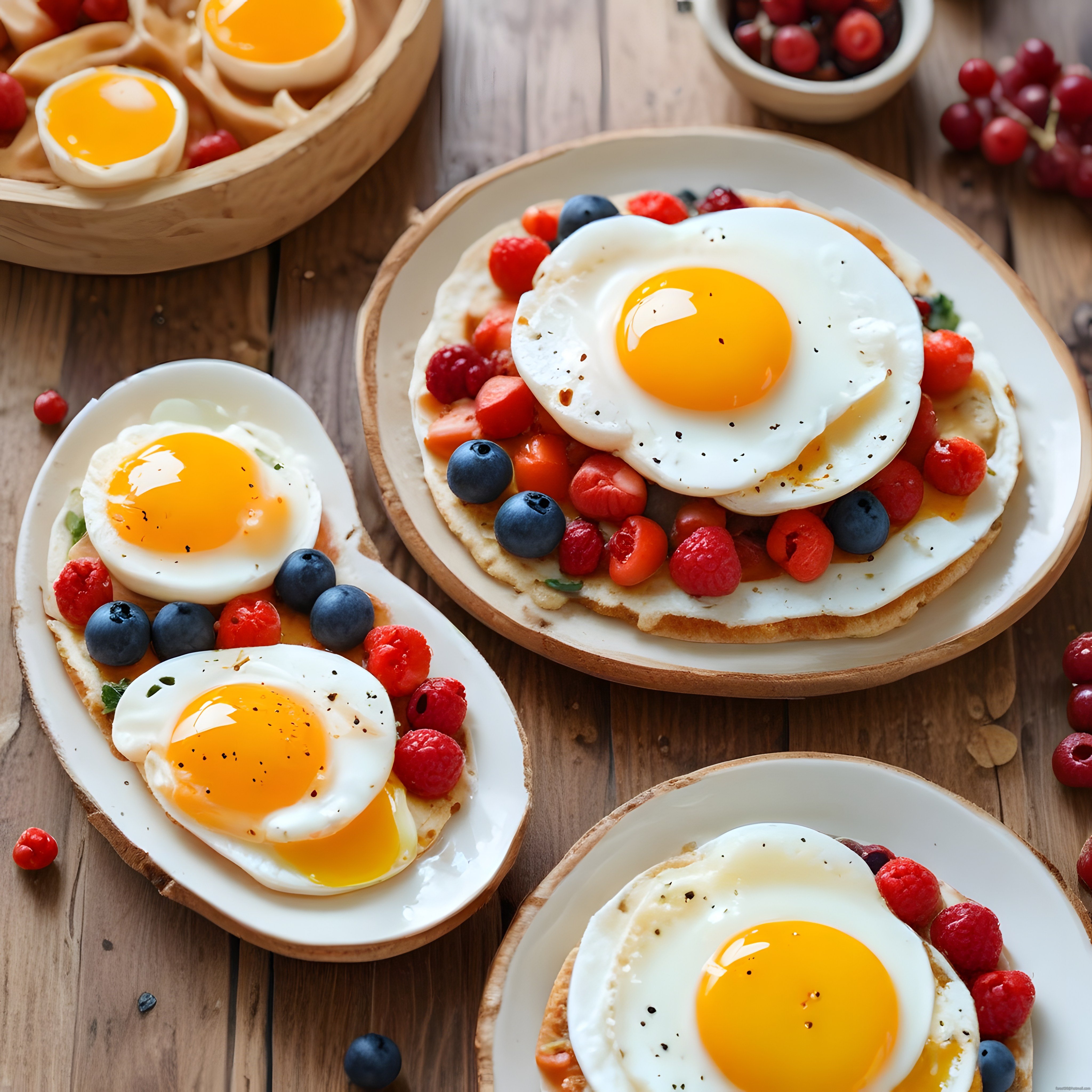 Ahşap masa üzerinde yumurtalı ve taze meyveli nefis kahvaltı sunumu