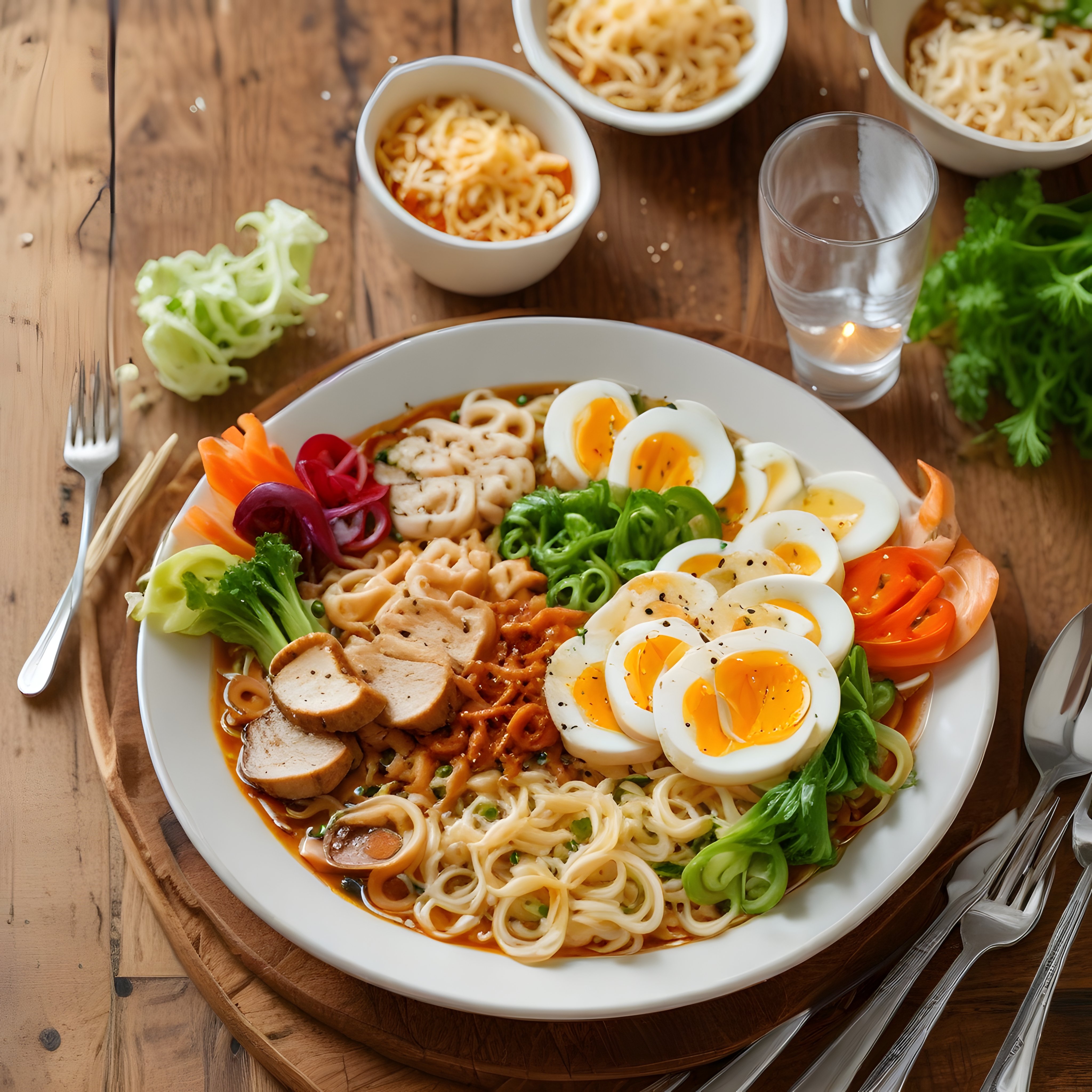 Ahşap masa üzerinde zengin garnitürlü yumurtalı ve sebzeli ramen tabağı