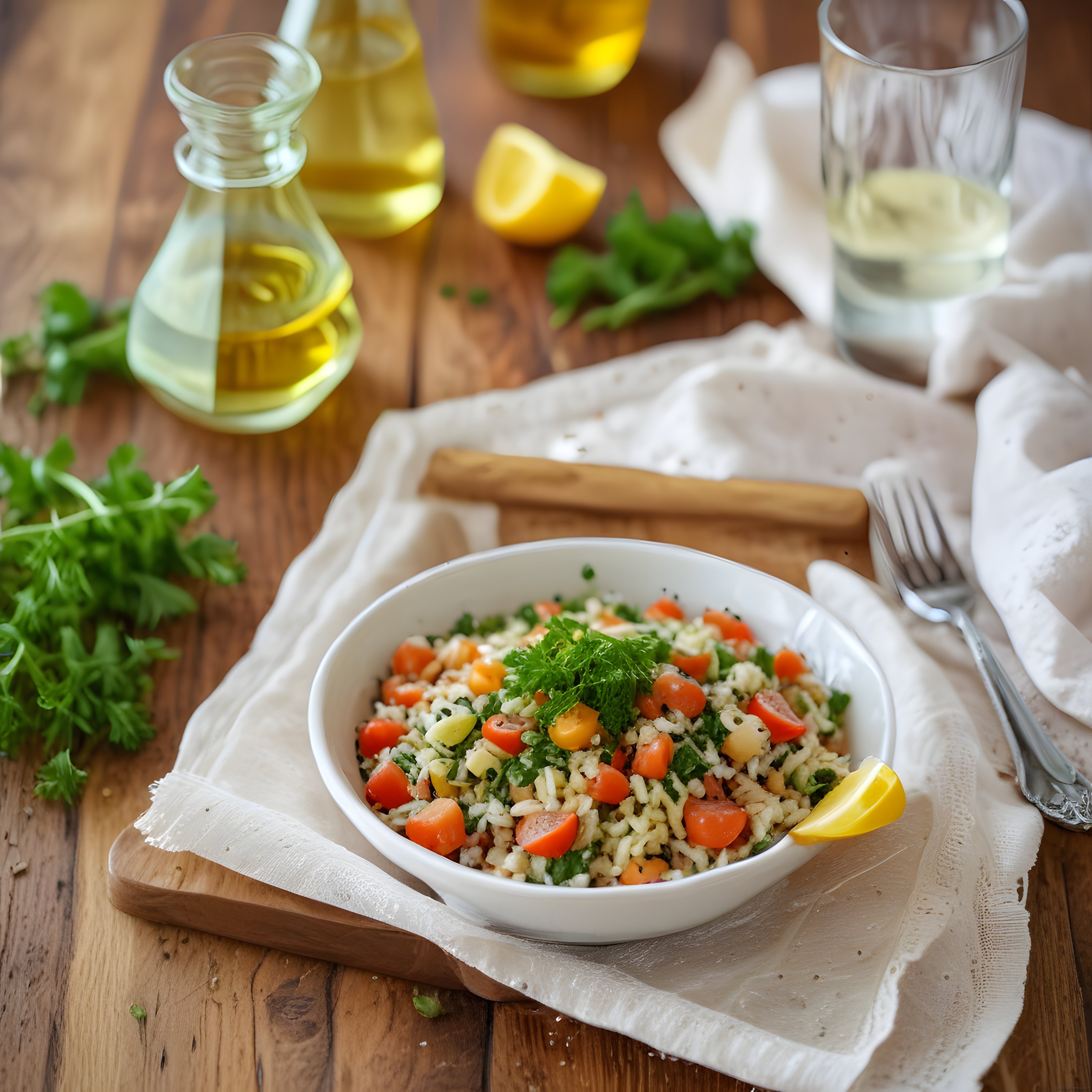 Ahşap Masa Üzerinde Zeytinyağı ve Taze Yeşilliklerle Bulgur Salatası