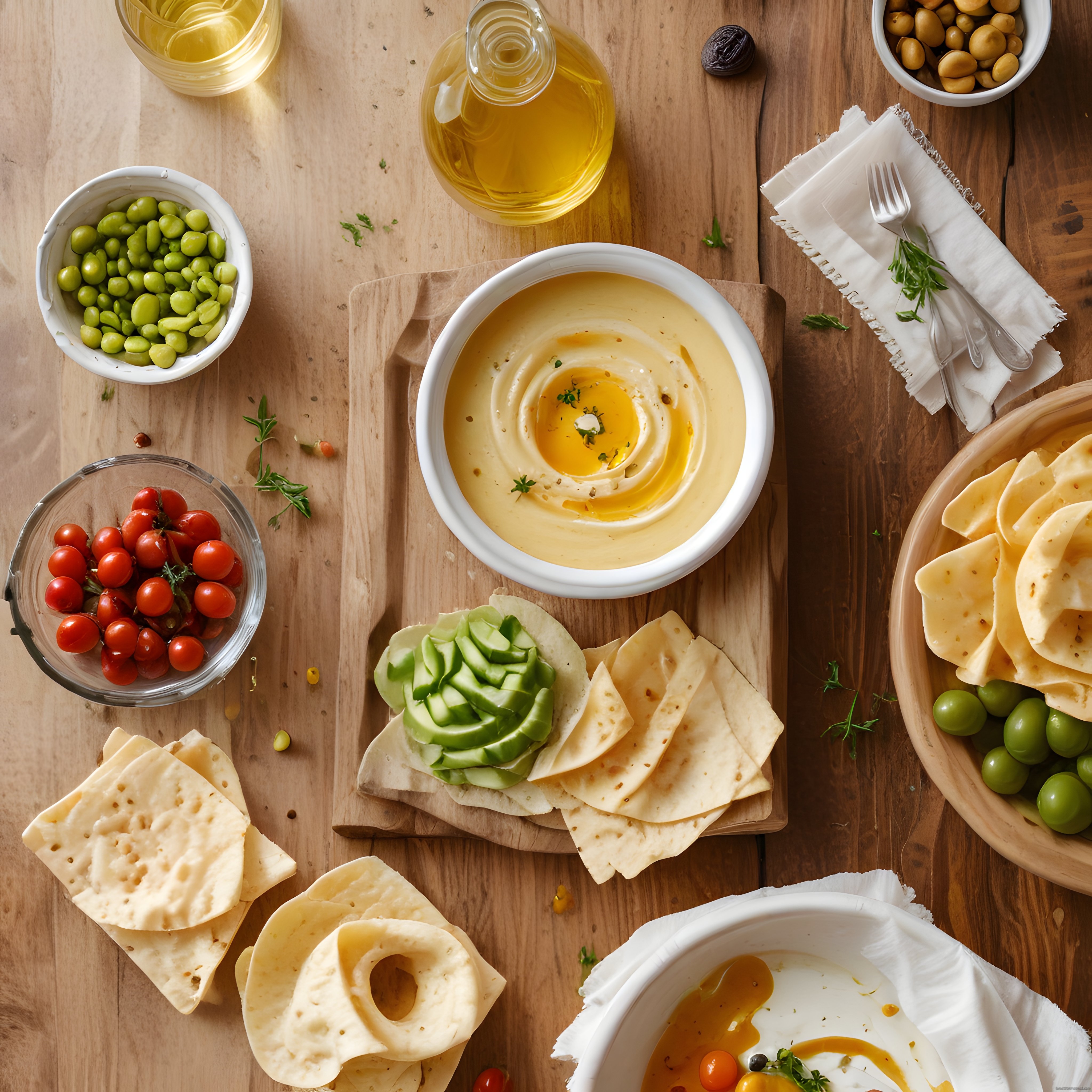 Ahşap masa üzerinde zeytinyağlı humus ve taze mezve ile leziz bir akşam yemeği sunumu